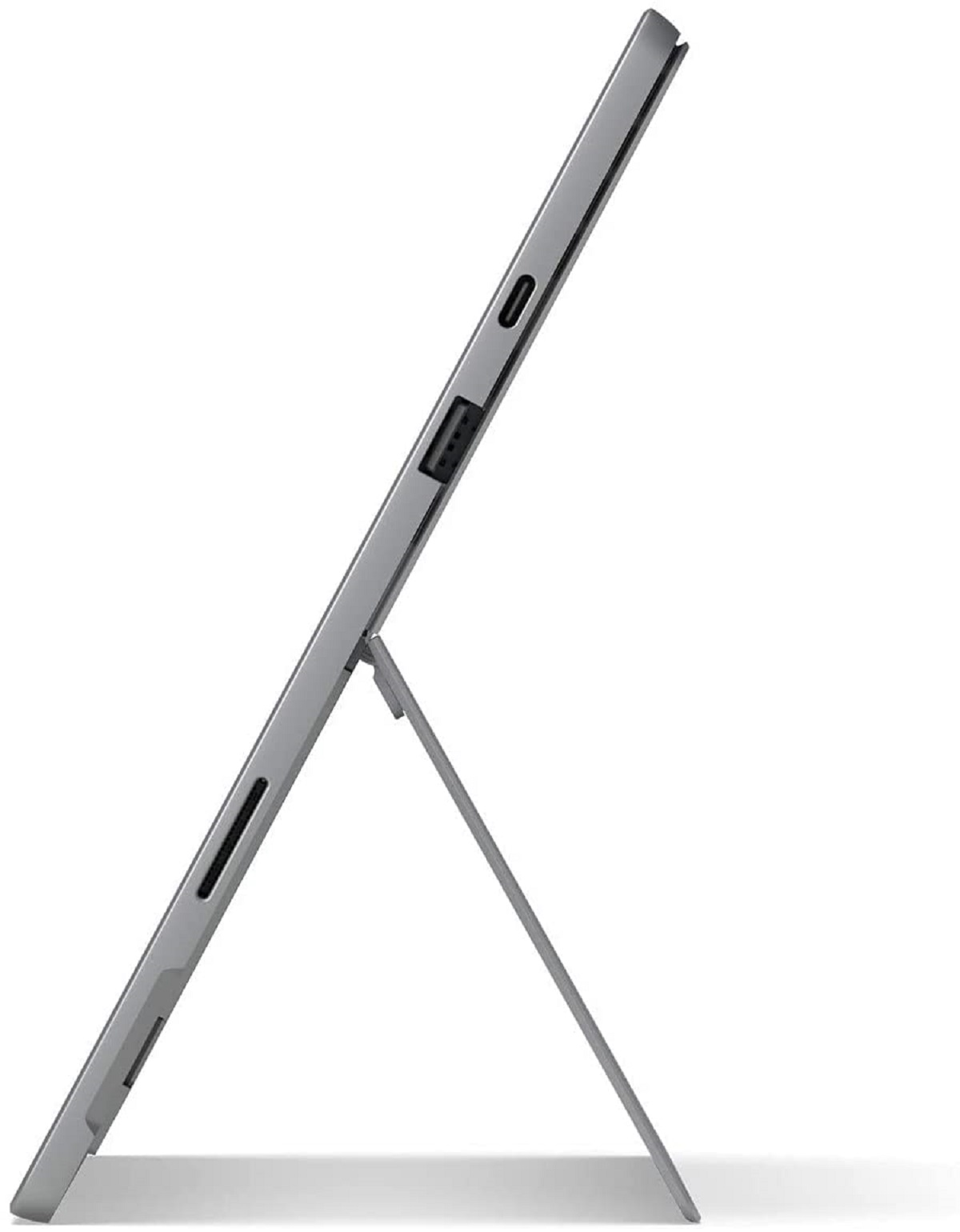 Ein graues Tablet, das mit einem Ständer hochgestellt ist. Die Seitenansicht zeigt Anschlüsse und Tasten.