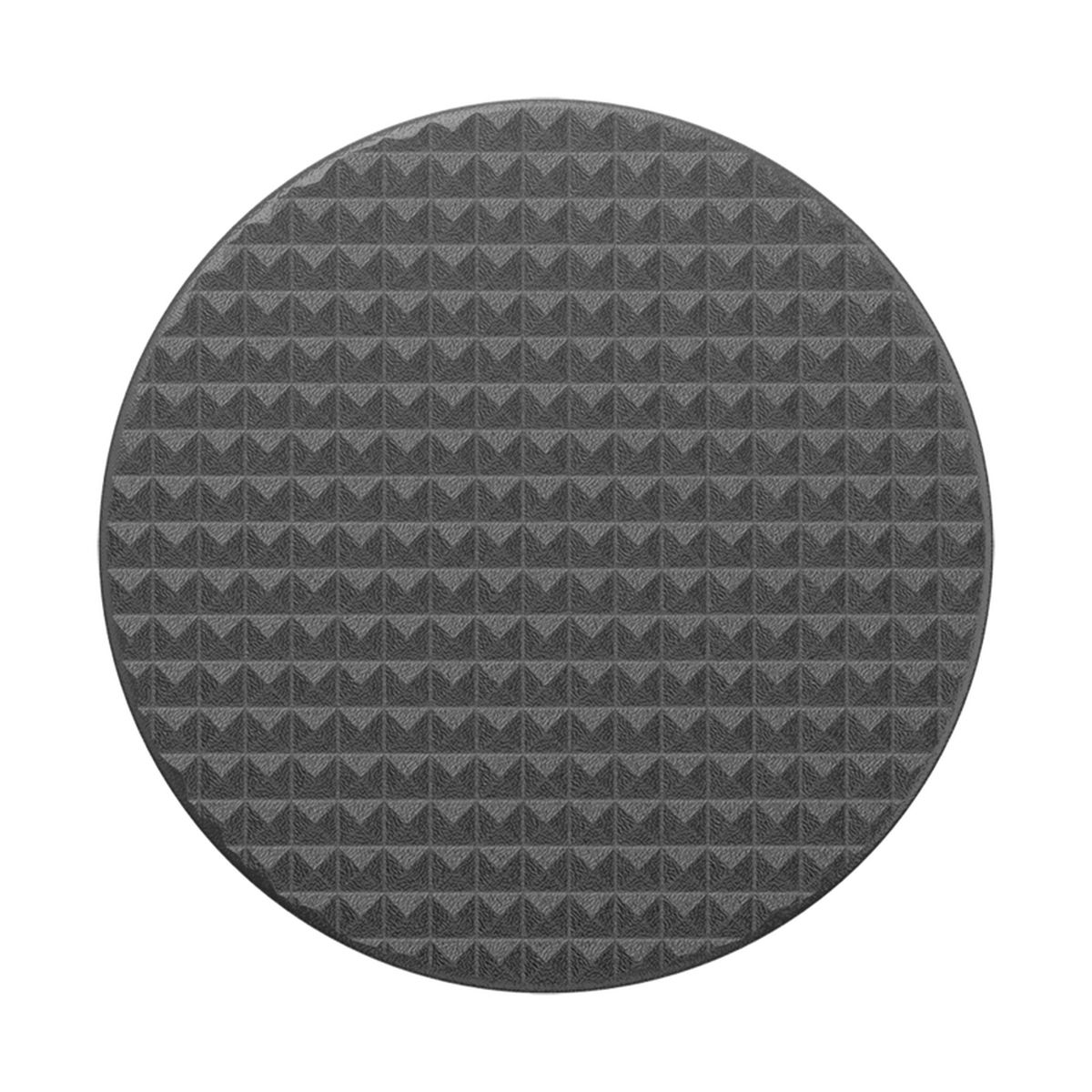 Nahaufnahme eines kreisförmigen, strukturierten PopSockets. Es ist dunkelgrau mit geometrischem Muster.