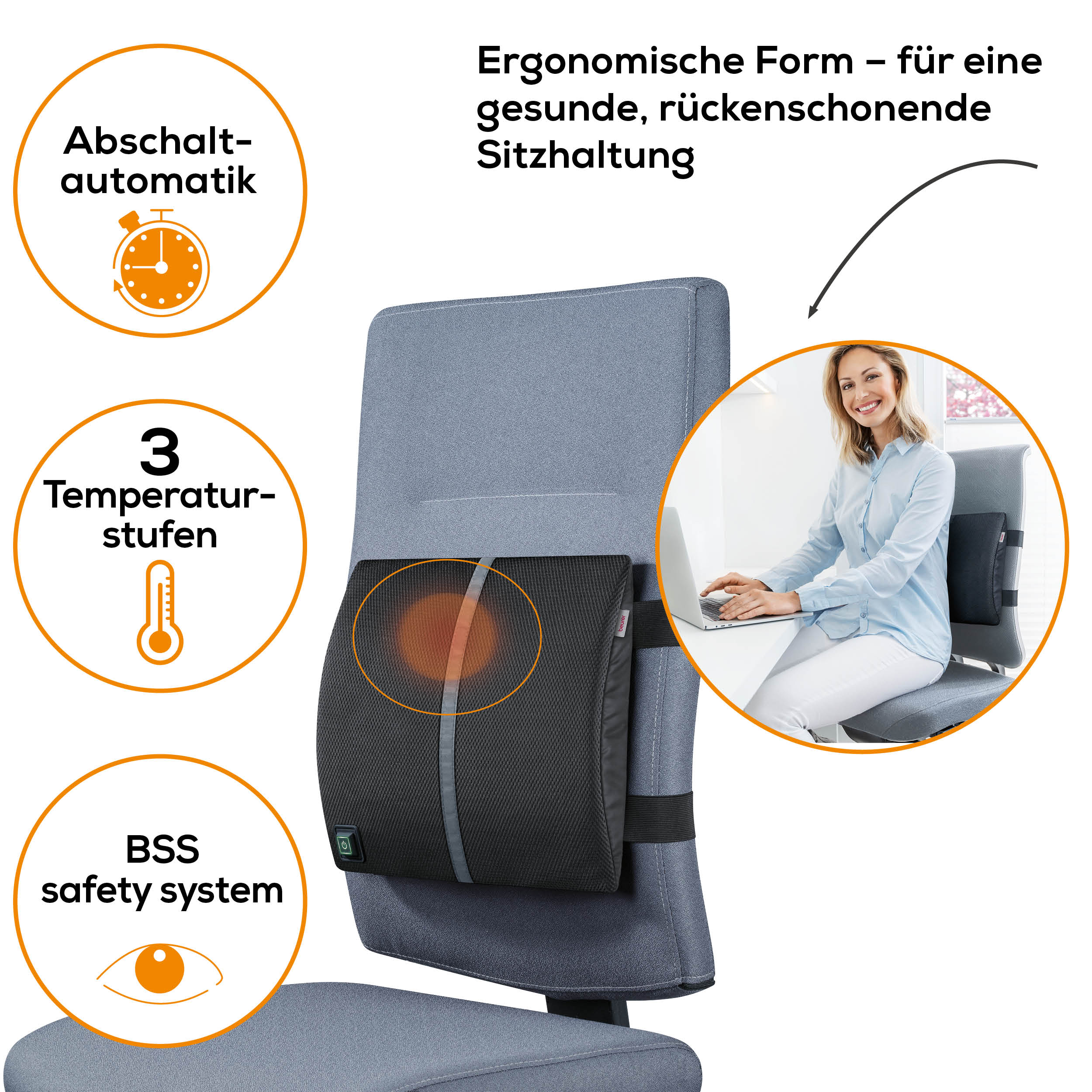 Frau sitzt auf einem Stuhl mit Rückenstütze. Die Stütze hat eine Heizfunktion und BSS-Sicherheit.