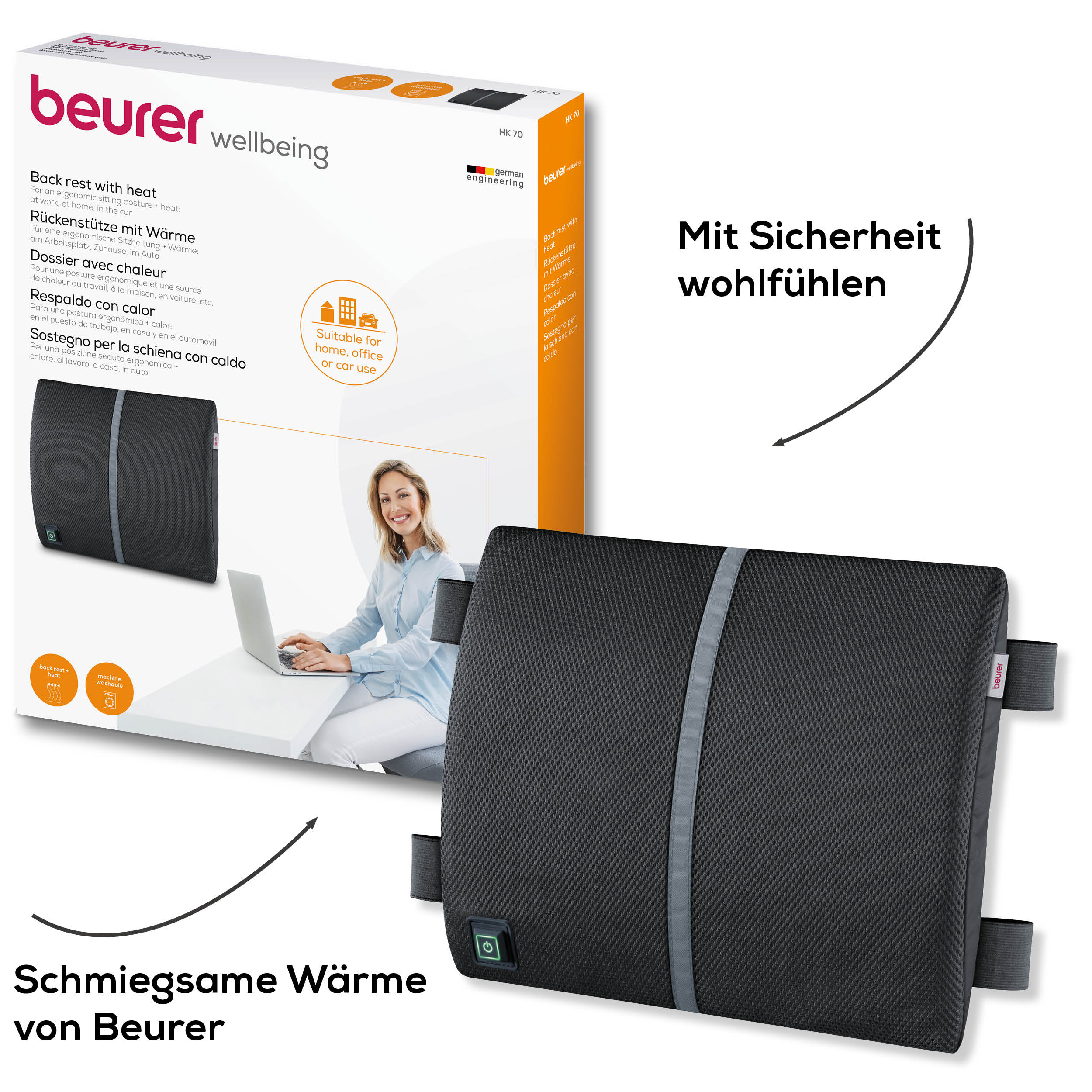Rückenstütze mit Wärme, schwarz mit grauem Streifen, mit Branding und Werbetext.