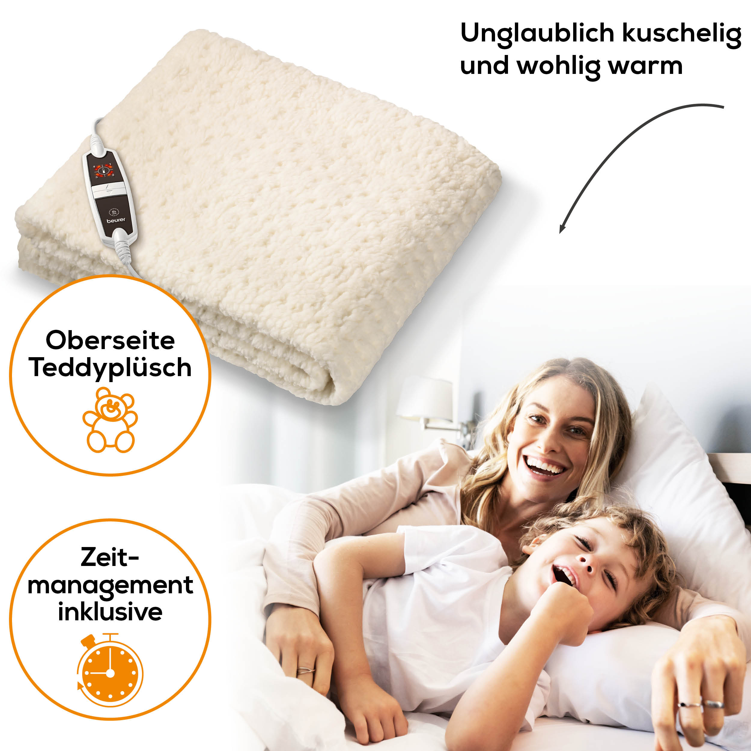 Eine Frau und ein Kind unter einer weißen, flauschigen, elektrisch beheizten Decke.