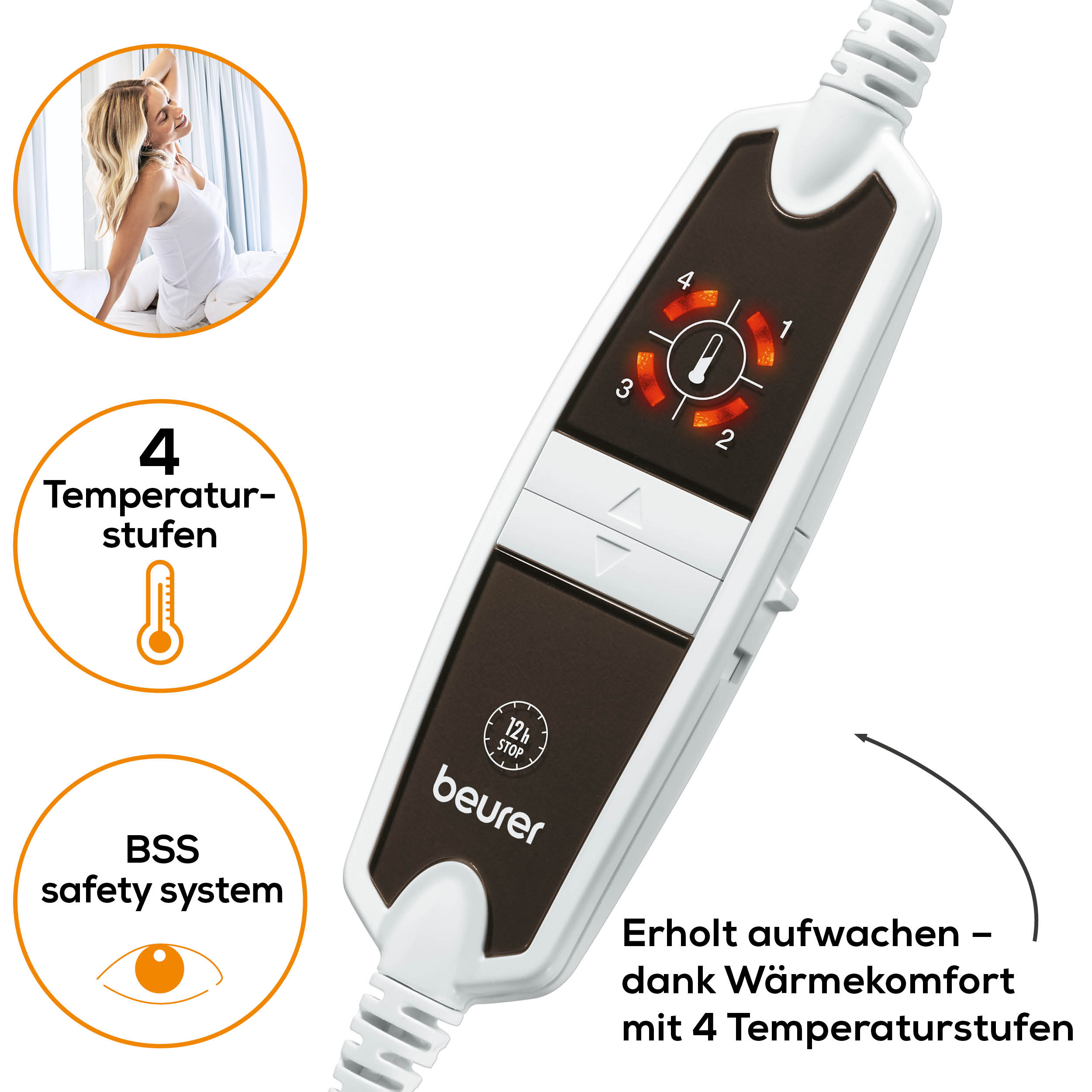Elektrische Heizdecke mit Temperatureinstellungen und eine Frau, die sich im Bett streckt.