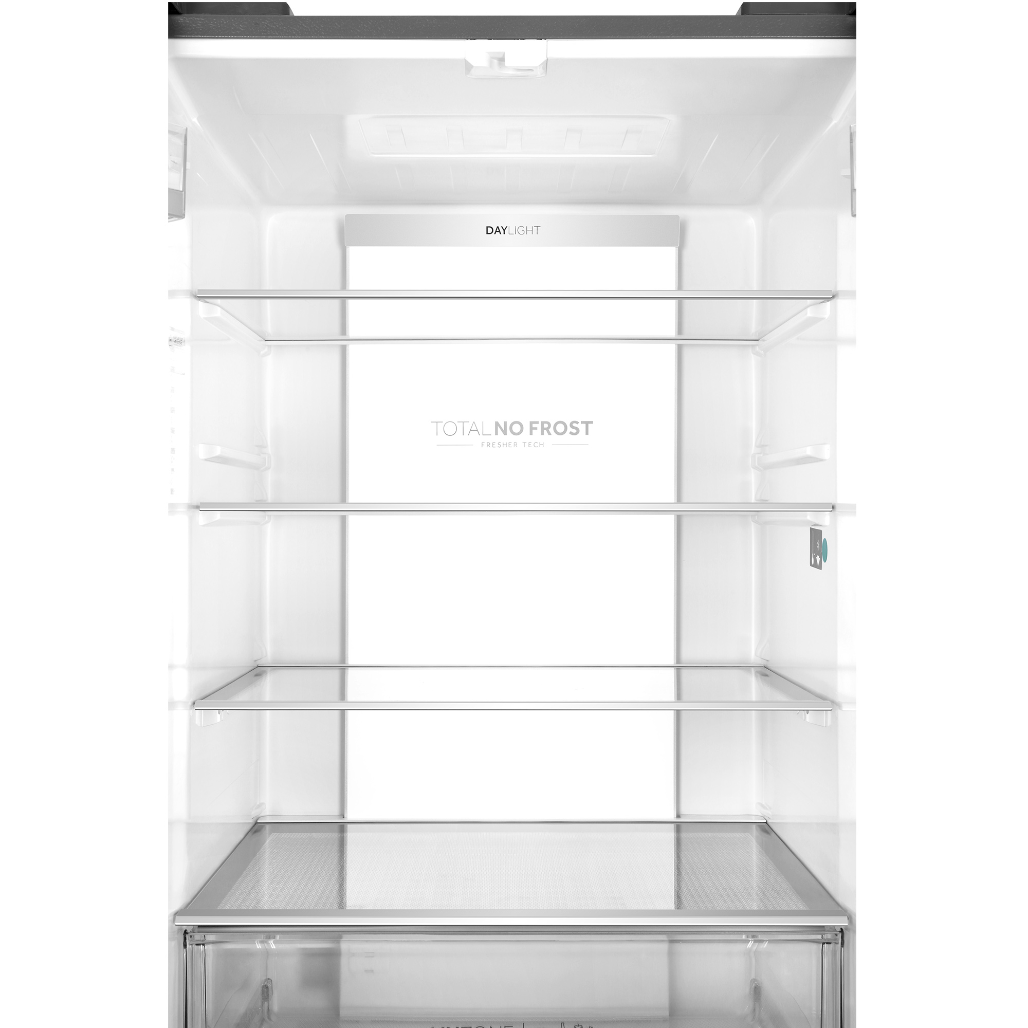 Interno del frigorifero bianco vuoto con ripiani e un cassetto inferiore. Il testo è 'Total No Frost'.
