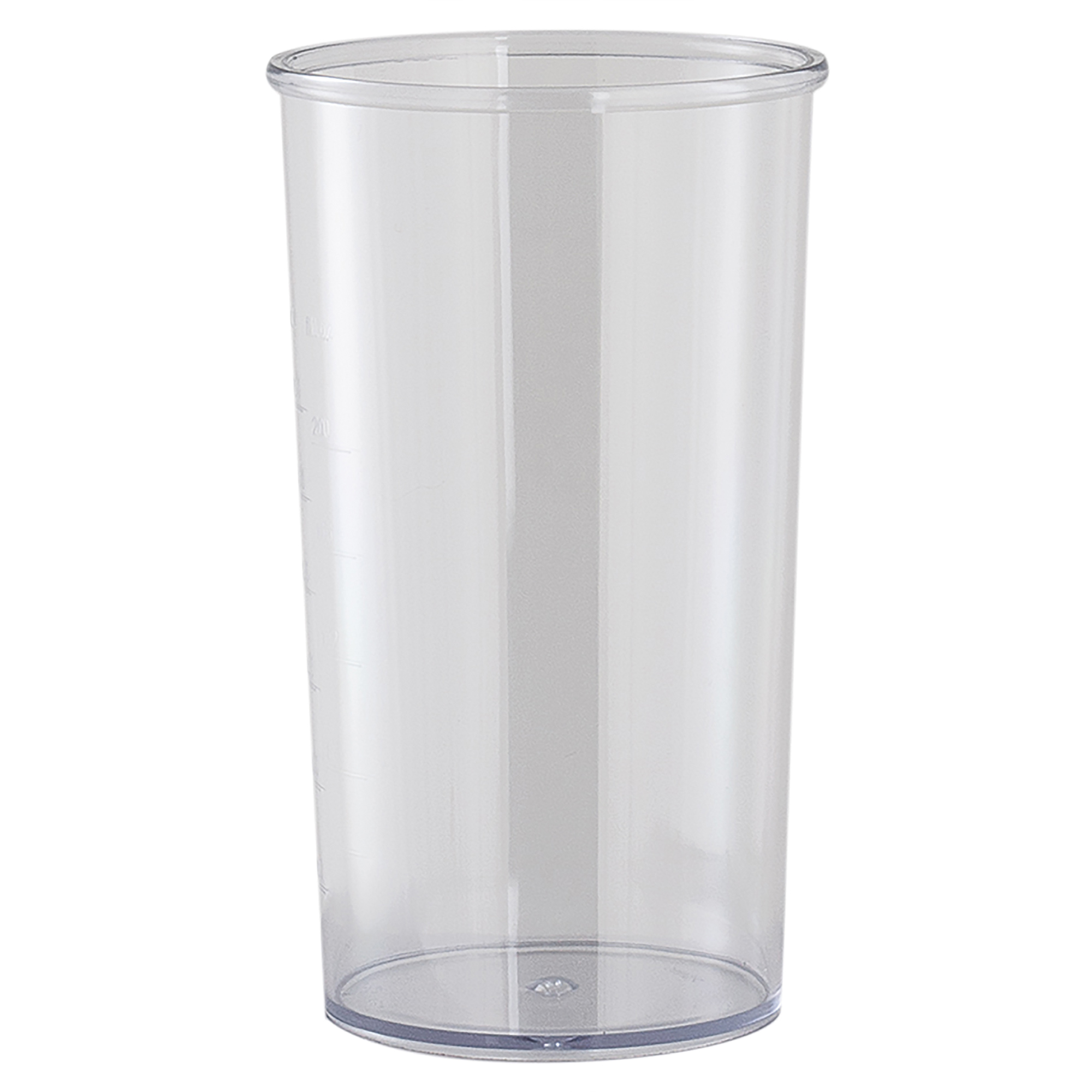 Przezroczysty plastikowy kubek z oznaczeniami na białym tle.