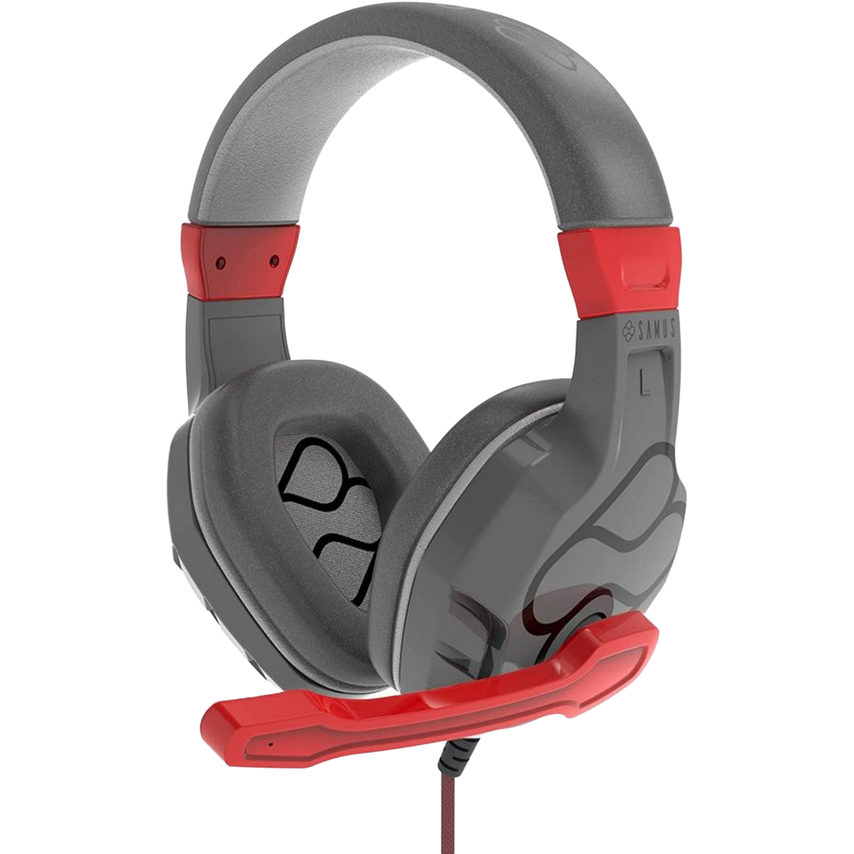 Szare słuchawki z czerwonymi akcentami, mikrofonem i czarnym tłem.