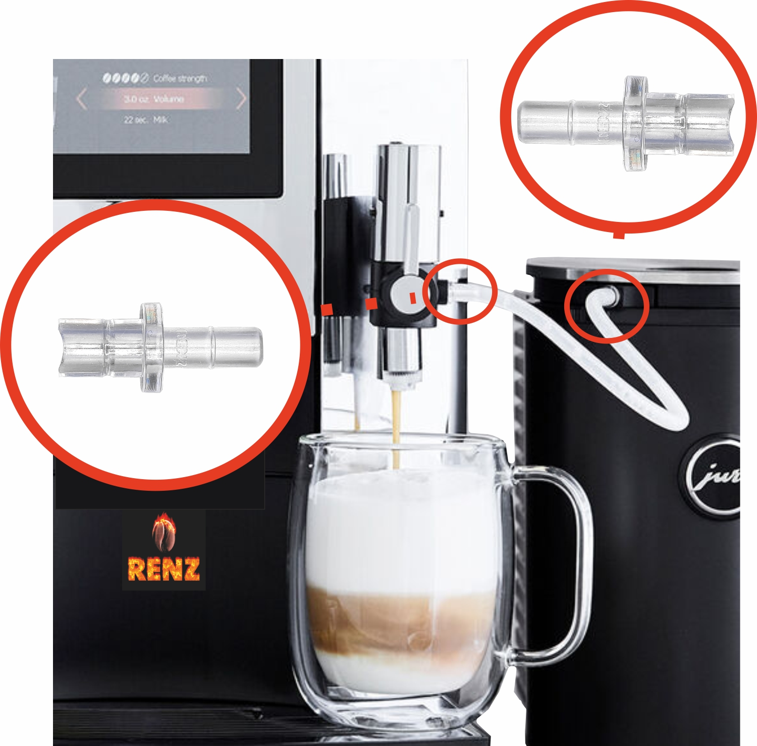 RENZ 10 Fluid Nippel mit Milchschlauch I-Form Haltering Adapter