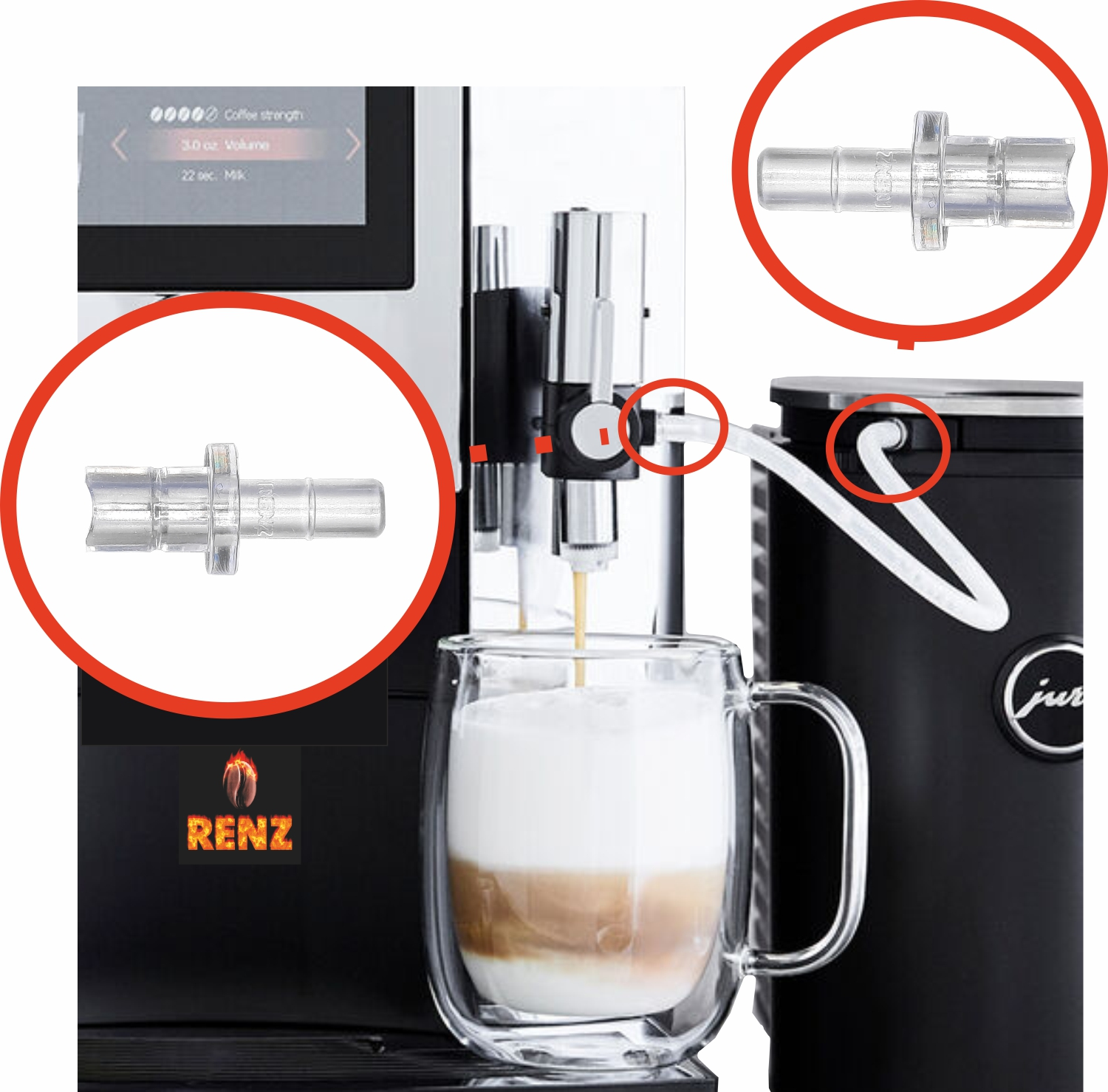 Eine Kaffeemaschine mit zwei hervorgehobenen Metallverbindern und einer Kaffeetasse.