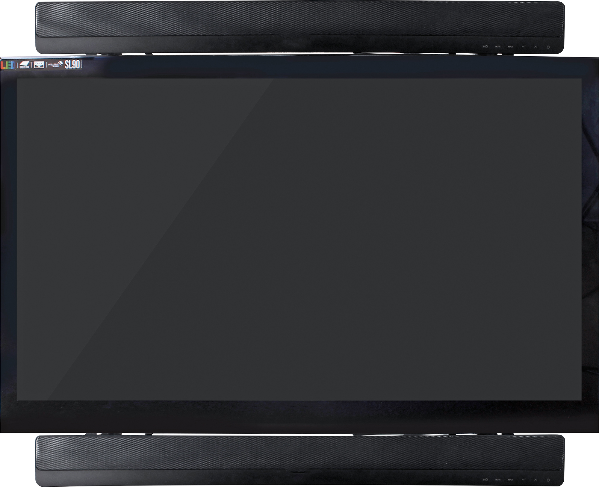 Ein großer schwarzer Fernseher mit zwei schwarzen Soundbars, eine oberhalb und eine unterhalb des Bildschirms.