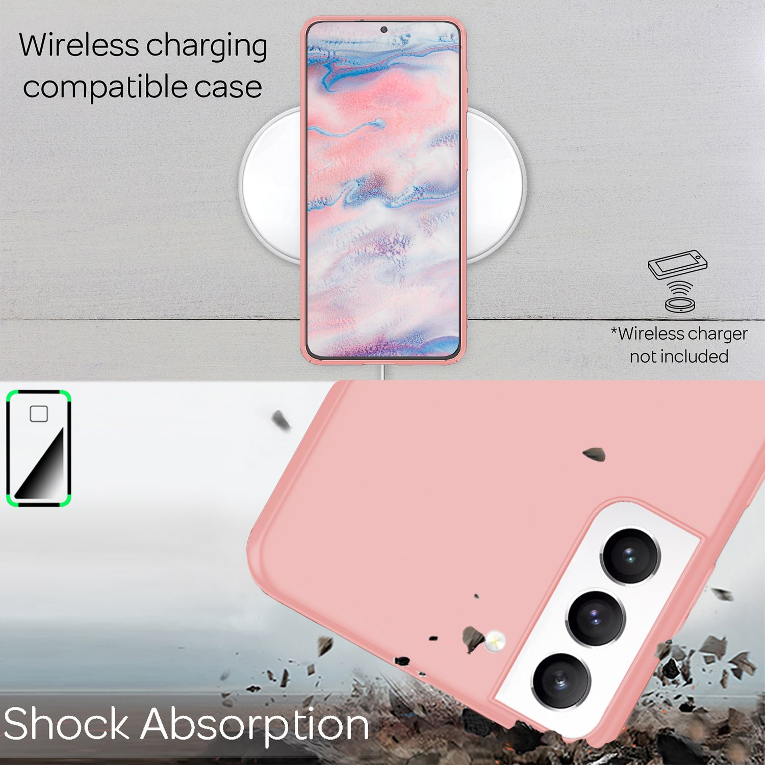Custodia rosa per telefono su base di ricarica. Telefono nella custodia. Testo: Assorbimento urti.