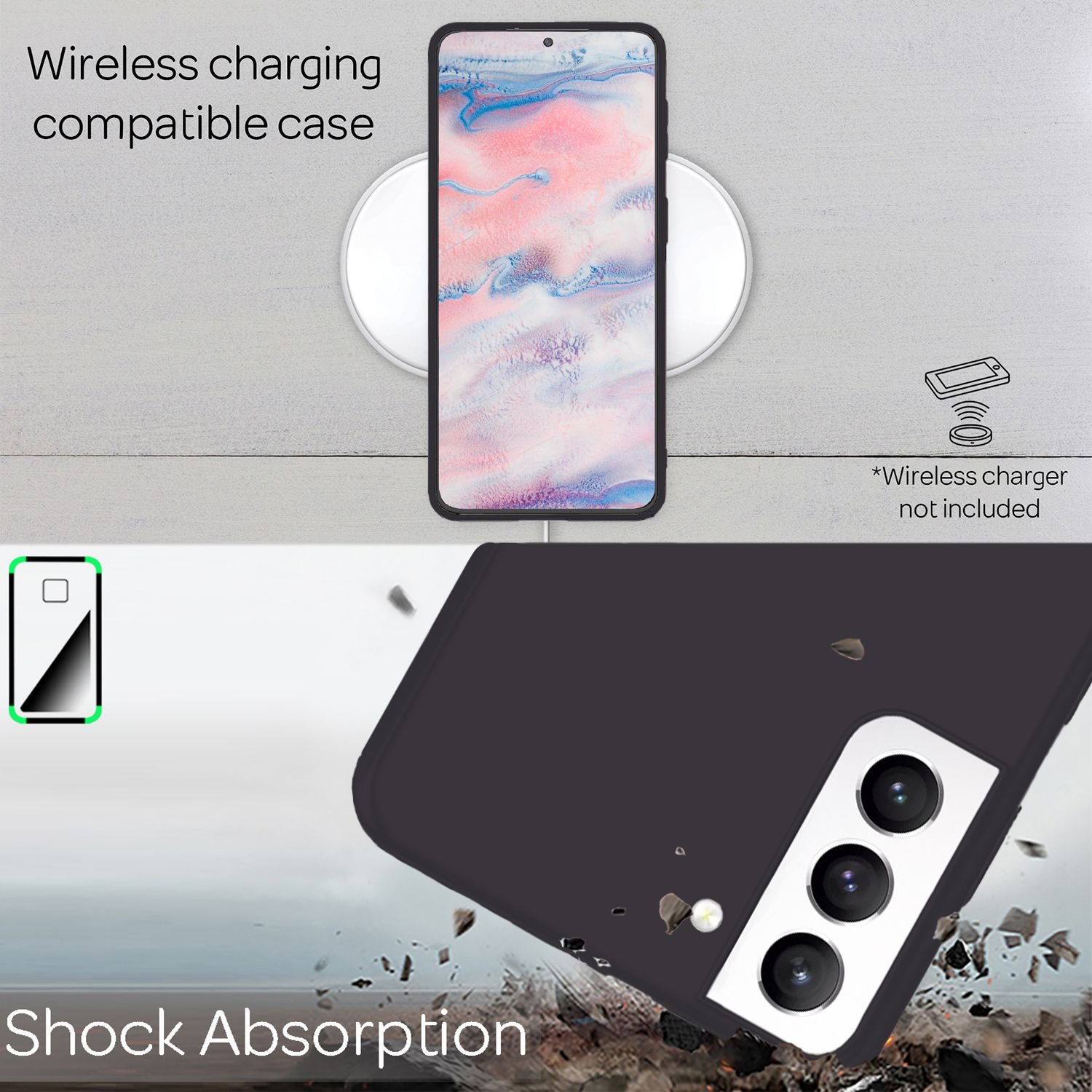 Telefono nero su un caricatore wireless, con una custodia nera e testo di assorbimento degli urti.