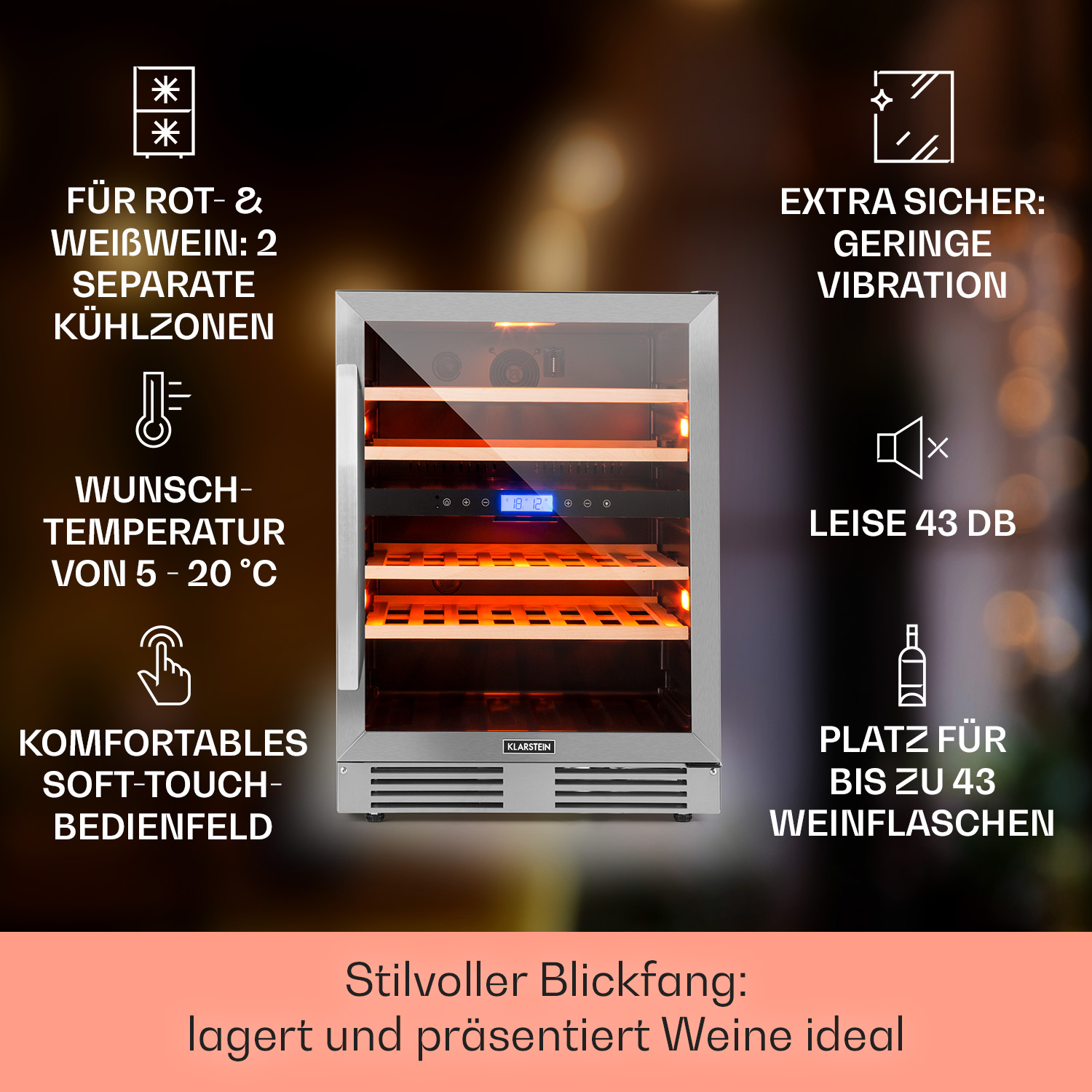 Weinkühler mit Glastür. Holzregale, Digitalanzeige, Text. Silberner Rahmen.