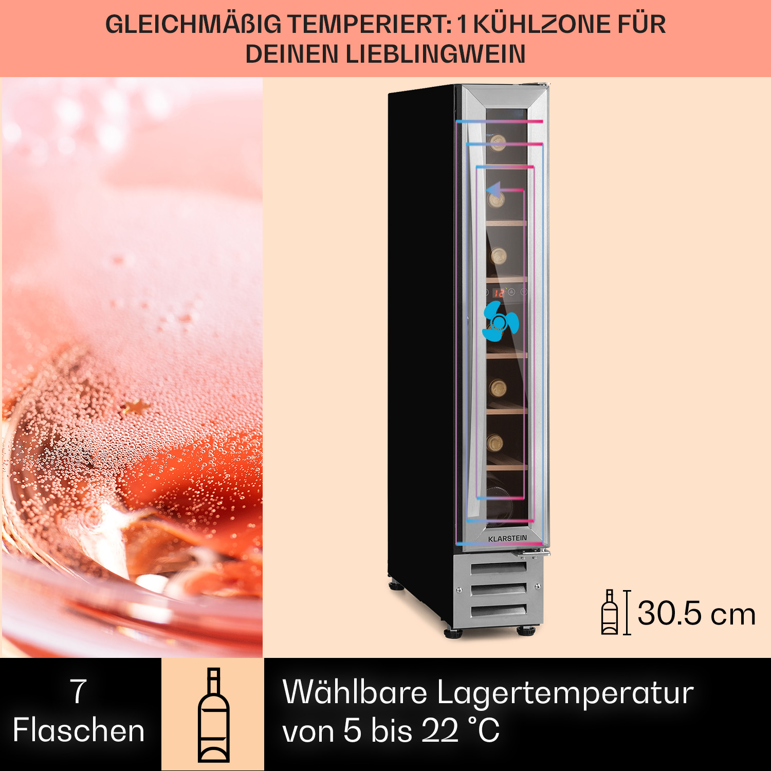 Una cantinetta con bottiglie di vino all'interno, testo e un bicchiere di vino rosato in primo piano.