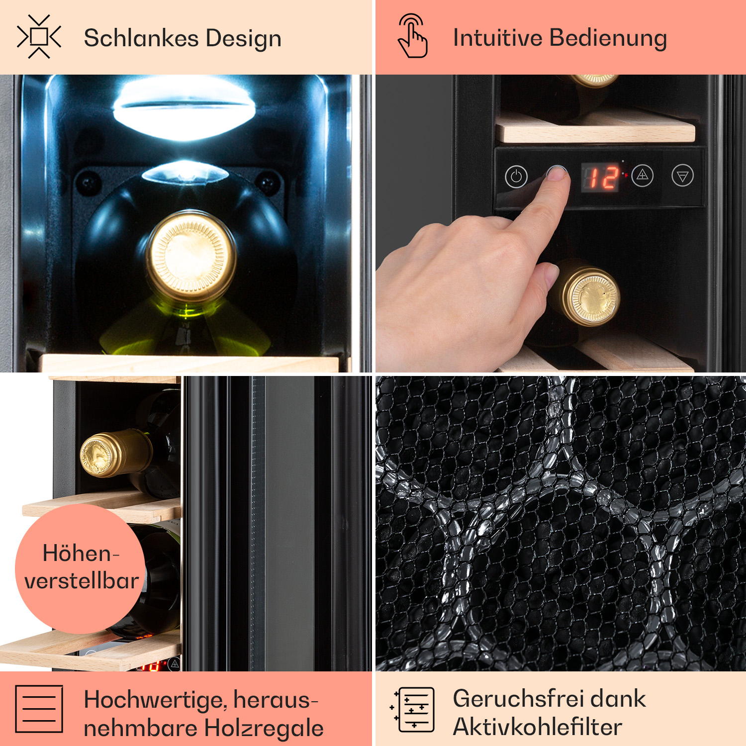 Quattro immagini che mostrano un refrigeratore per vino: un display digitale, una mano che regola le impostazioni, bottiglie di vino e un filtro.