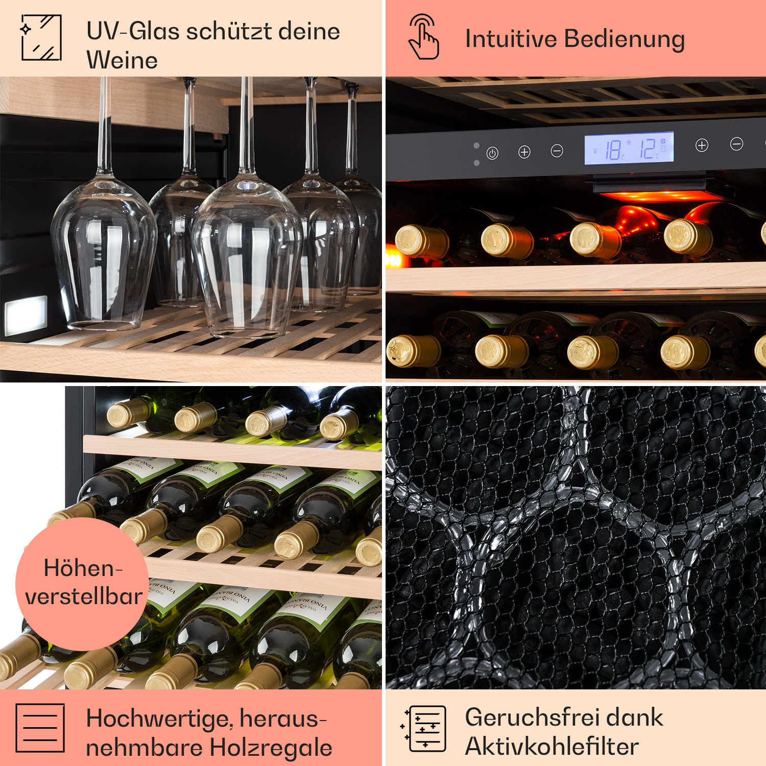 Un collage che mostra una cantinetta con bottiglie e bicchieri di vino, evidenziando caratteristiche come la protezione UV.
