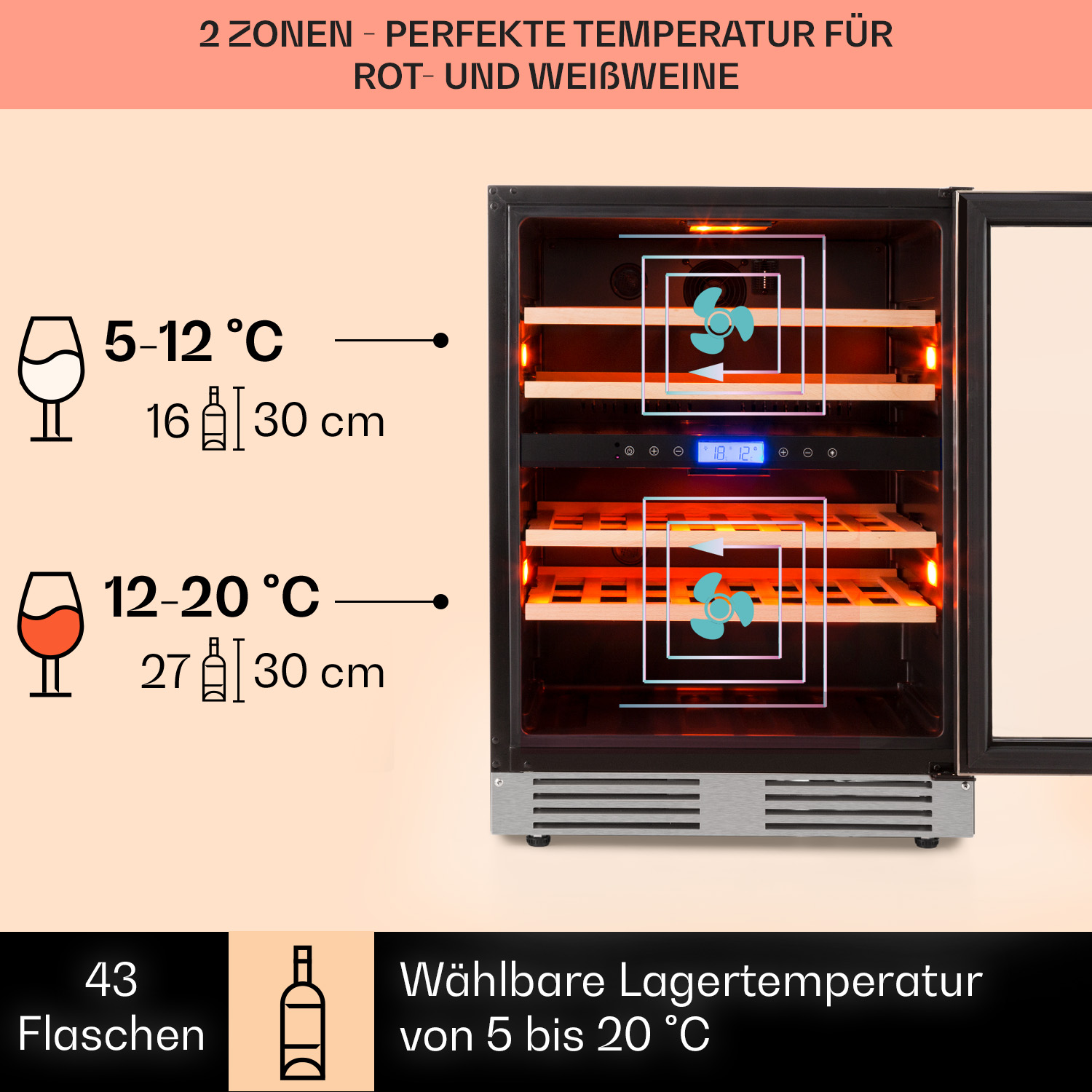 Weinkühler, geöffnet mit Weinflaschen, Text und Temperaturdetails.