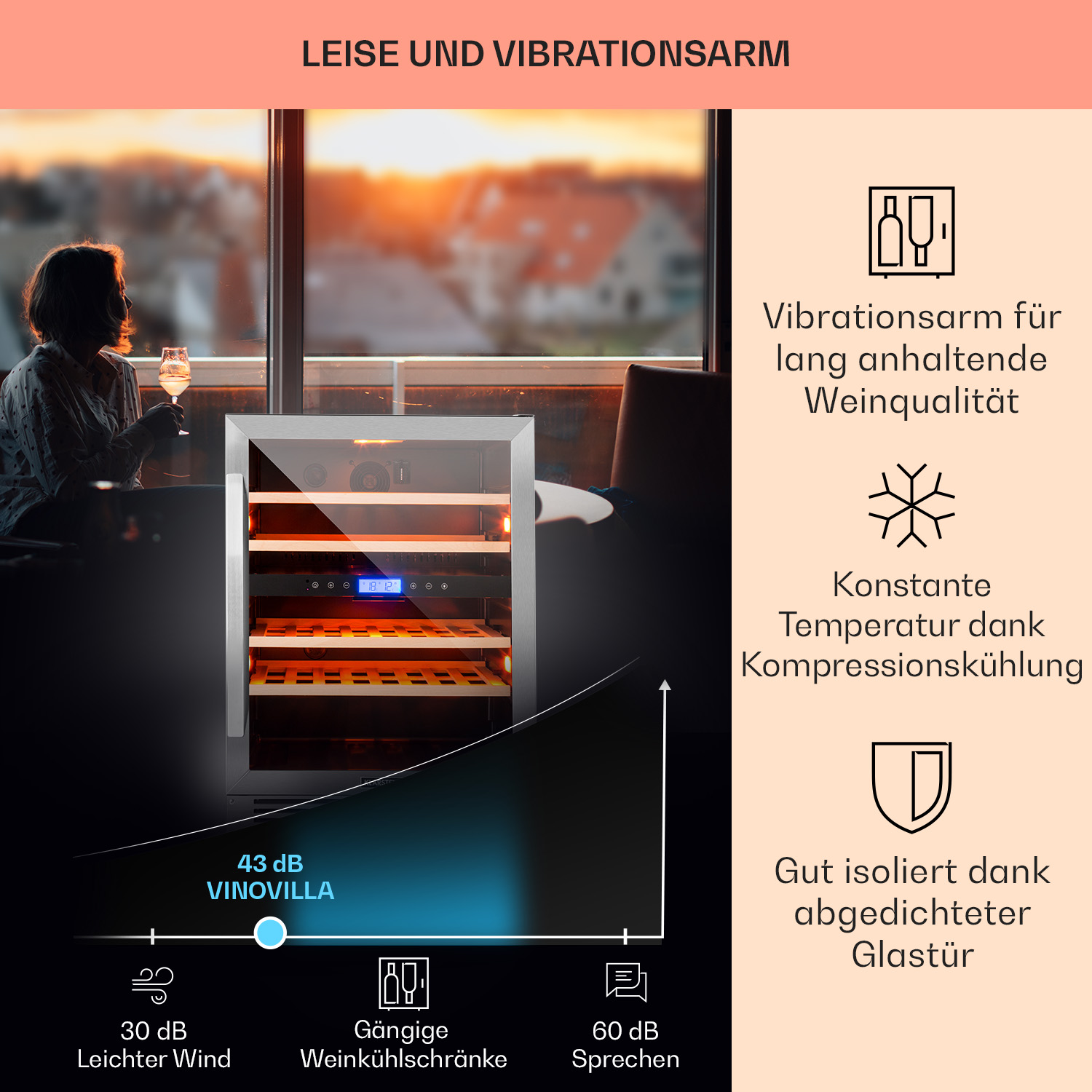 Frau hält Weinglas in der Nähe des Weinkühlers. Text über geringe Geräusche und Vibrationen, Temperatur.