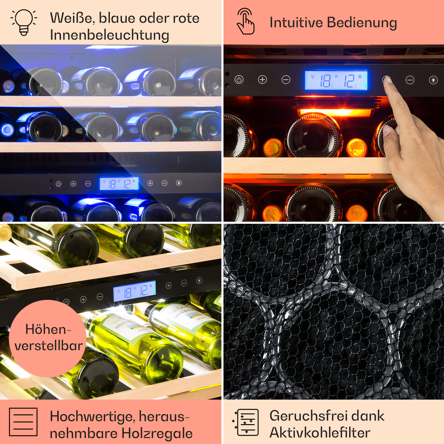 Weinkühler mit Innenbeleuchtung, Temperaturanzeige, verstellbaren Regalen und Aktivkohlefilter.