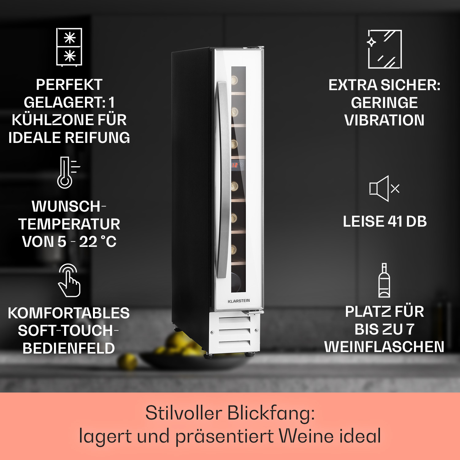 Cantinetta frigo con design bianco e nero. Testo in tedesco che descrive le caratteristiche.
