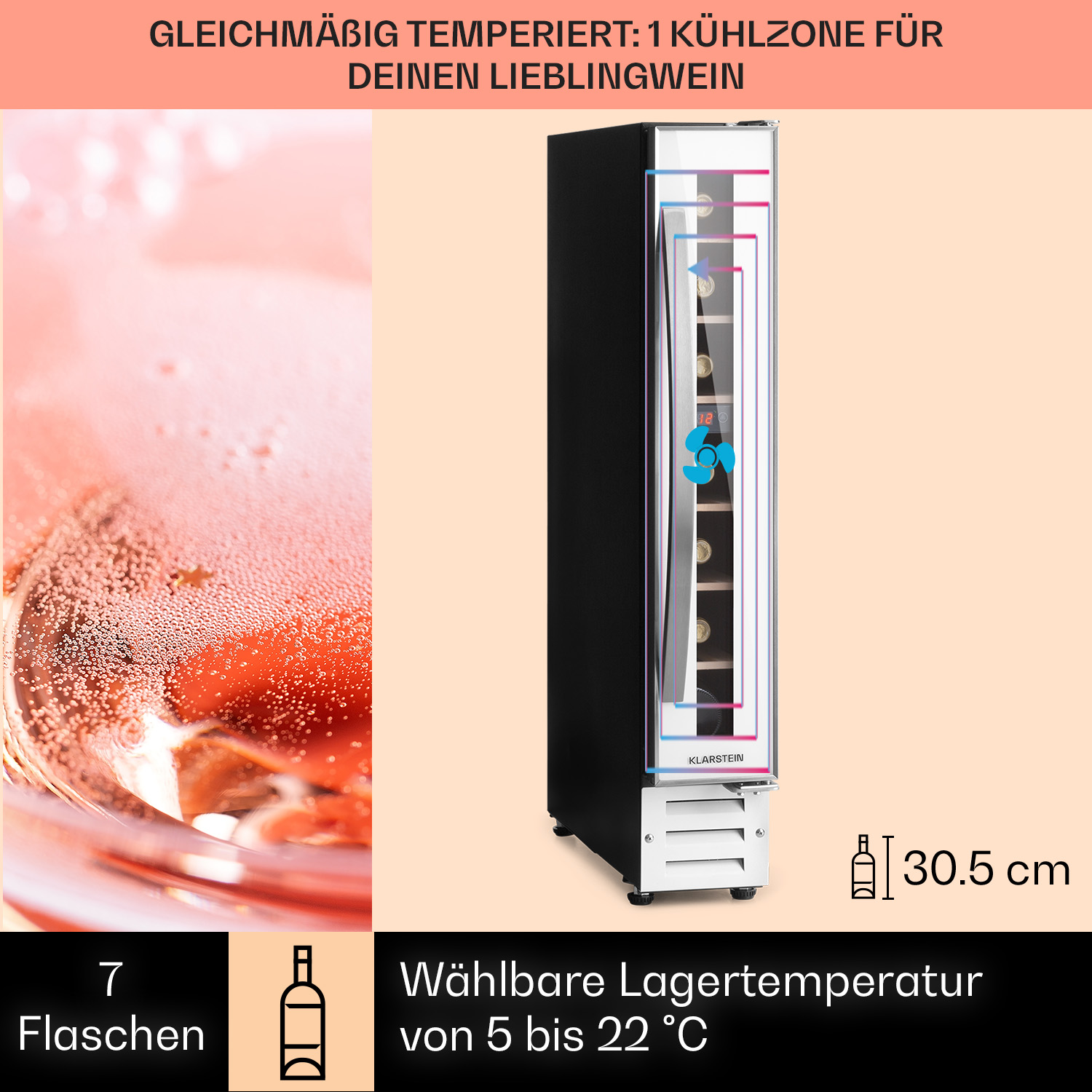 Cantinetta con bottiglie, con sfondo rosa e testo. 7 bottiglie, 30,5 cm.