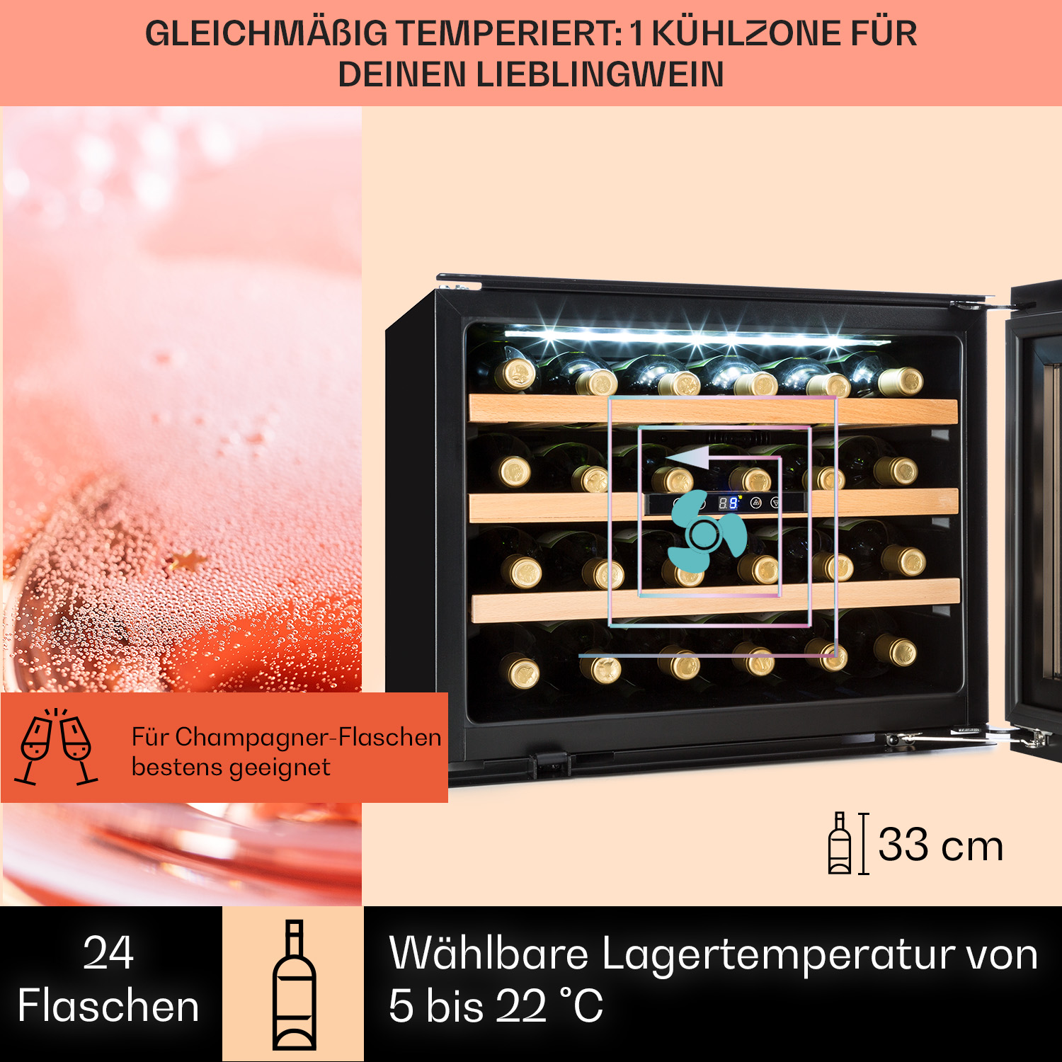 Weinkühlschrank mit Weinflaschen auf weißem Hintergrund.