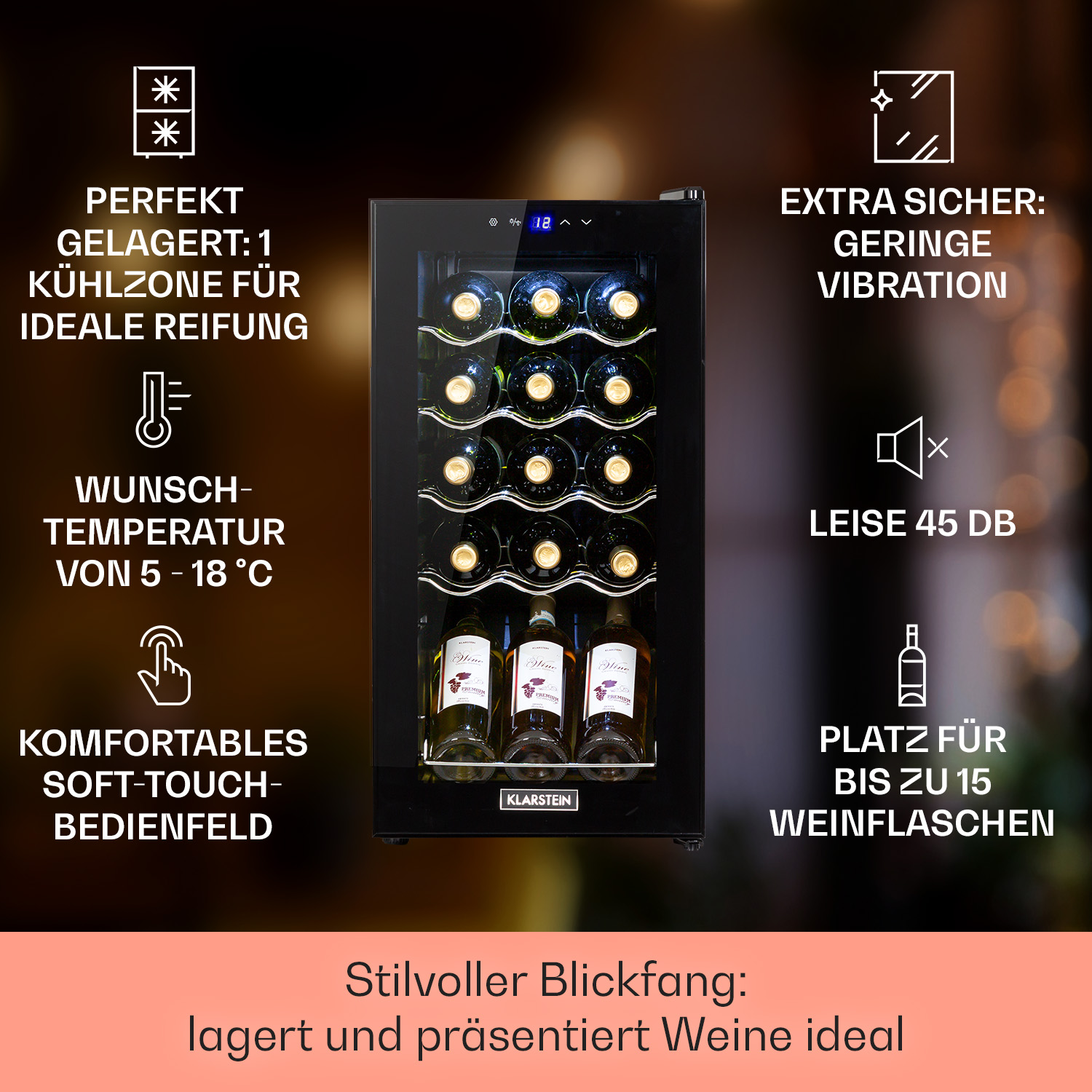 Weinkühler mit Weinflaschen. Texte über Temperatur und Lagerung. Schwarzer Rahmen.