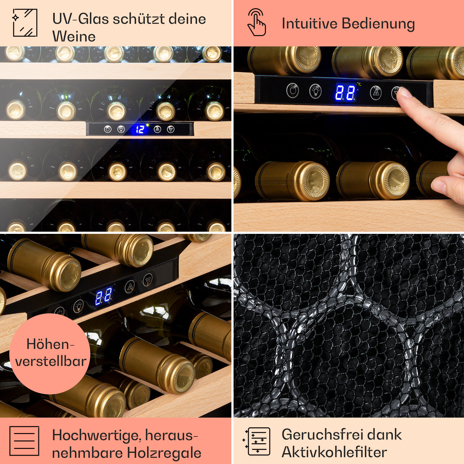 Weinkühler mit Flaschen, Digitalanzeige und Bedienfeld.
