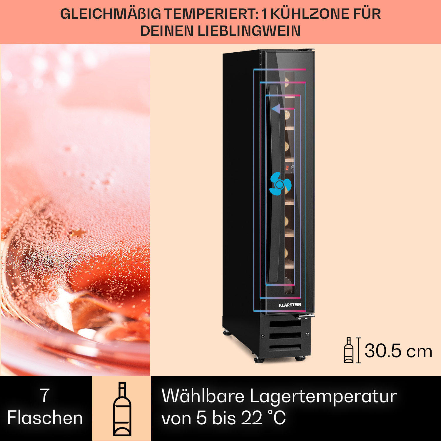 Un refrigeratore per vino nero con un bicchiere di bevanda rosa a sinistra. Ha un display della temperatura.