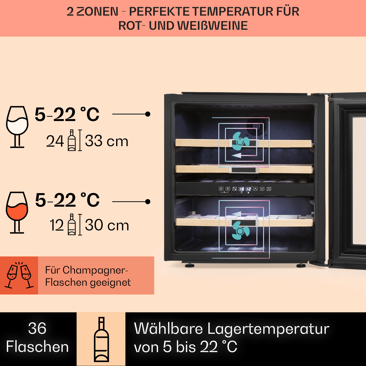 Una cantinetta nera con due sezioni, che mostra la temperatura per vini rossi e bianchi e icone di bottiglie.
