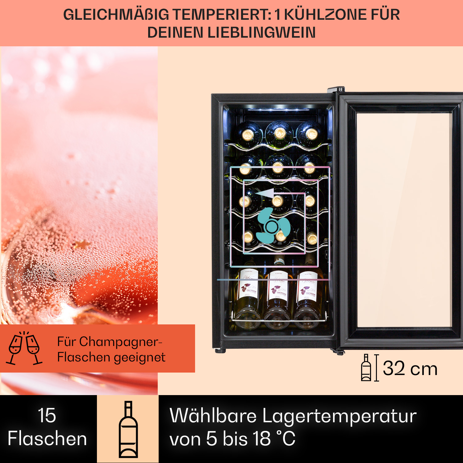 Weinkühler mit Weinflaschen und Text zu Lagertemperatur und Flaschenanzahl.