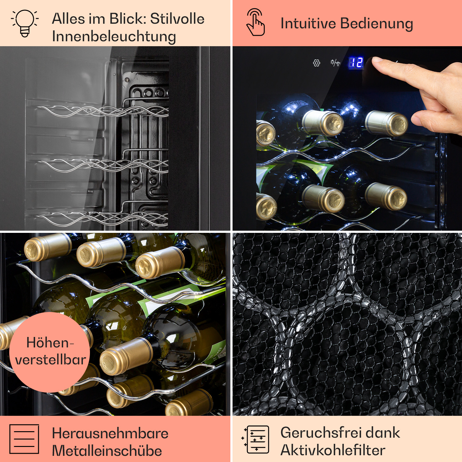 Vier Bilder mit Details eines Weinkühlers. Innenbeleuchtung, Flaschen und Kohlefilter sind zu sehen.