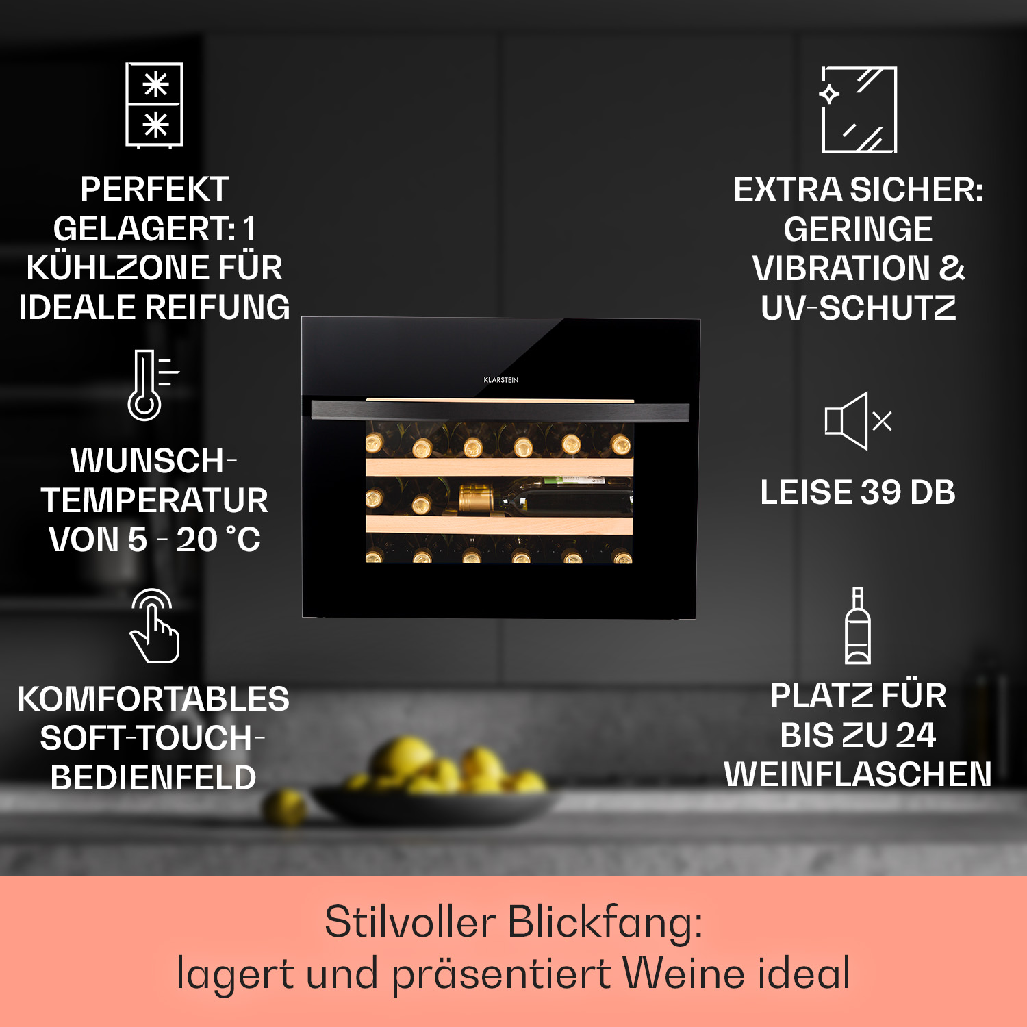 Frigorifero per vino nero con bottiglie. Testo in tedesco che descrive funzioni e capacità.