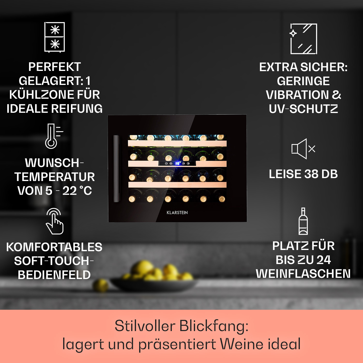 KLARSTEIN Vinsider 24 Schwarz) G, (EEK Edition Onyx Weinkühlschrank
