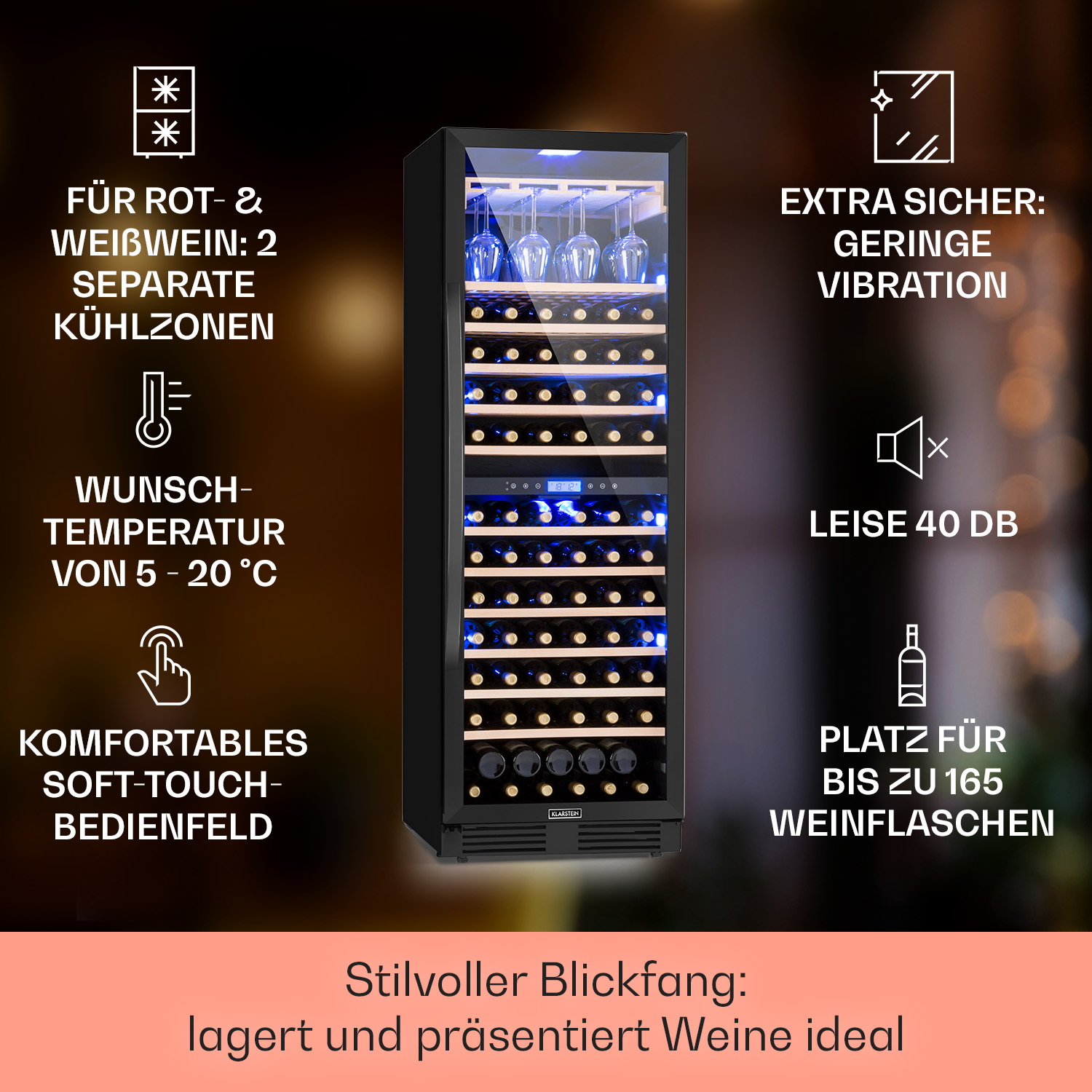 Schwarzer Weinkühler mit Weinflaschen, Gläsern und Text auf weißem Hintergrund.
