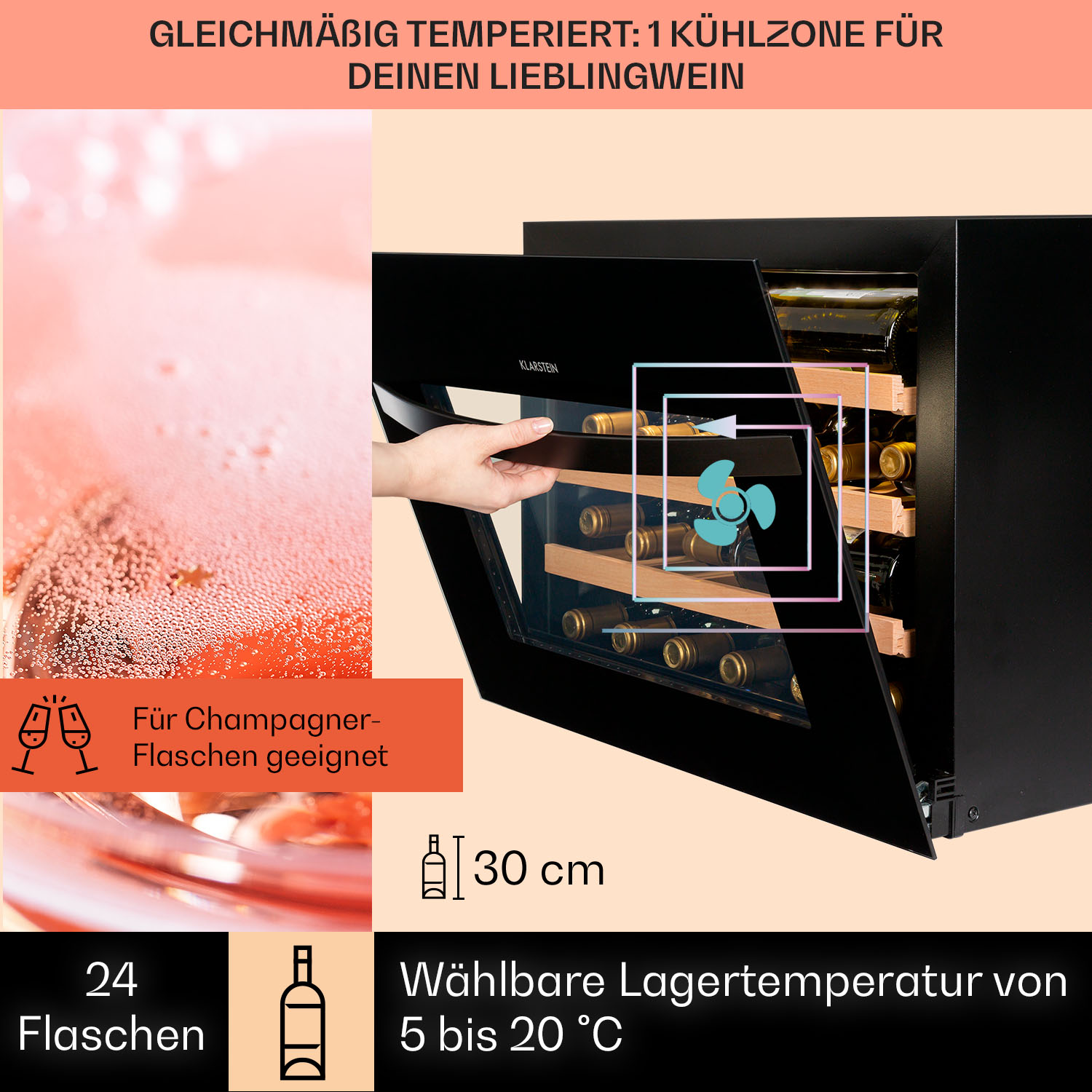 Cantinetta con porta a vetro. Bottiglie di vino sono visibili all'interno, con testo e icone.