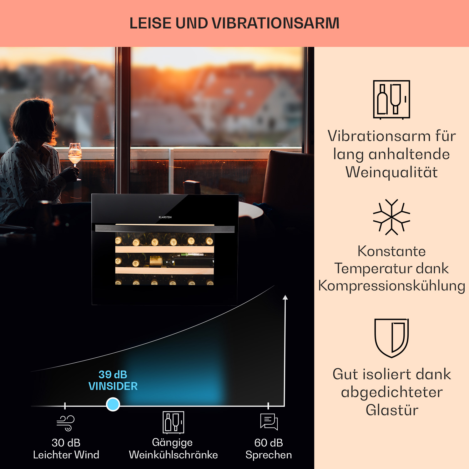 Una cantinetta con una donna sullo sfondo, illustrazioni di bottiglie di vino e testo.