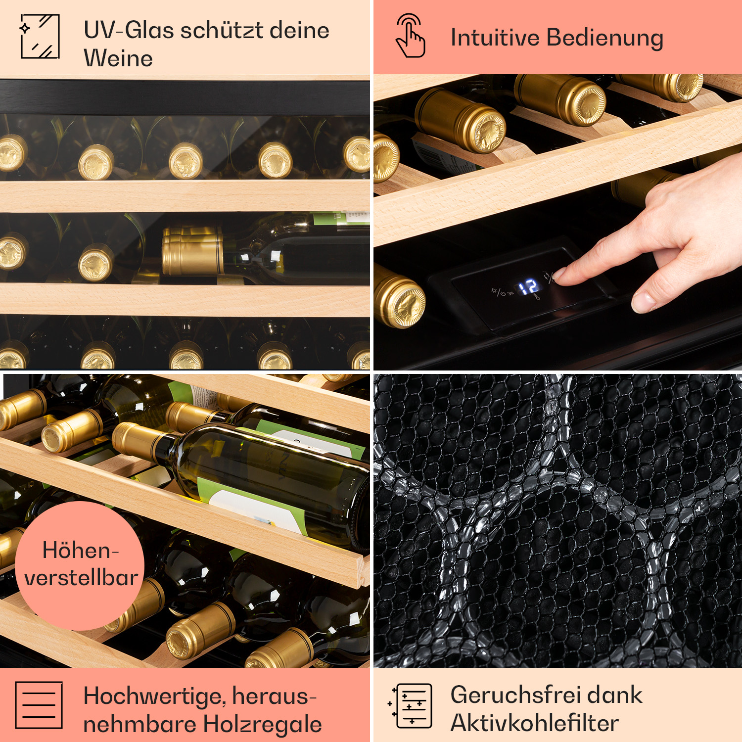 Interno di un frigorifero per vini con bottiglie, ripiani in legno e pannello di controllo, con etichette di testo.