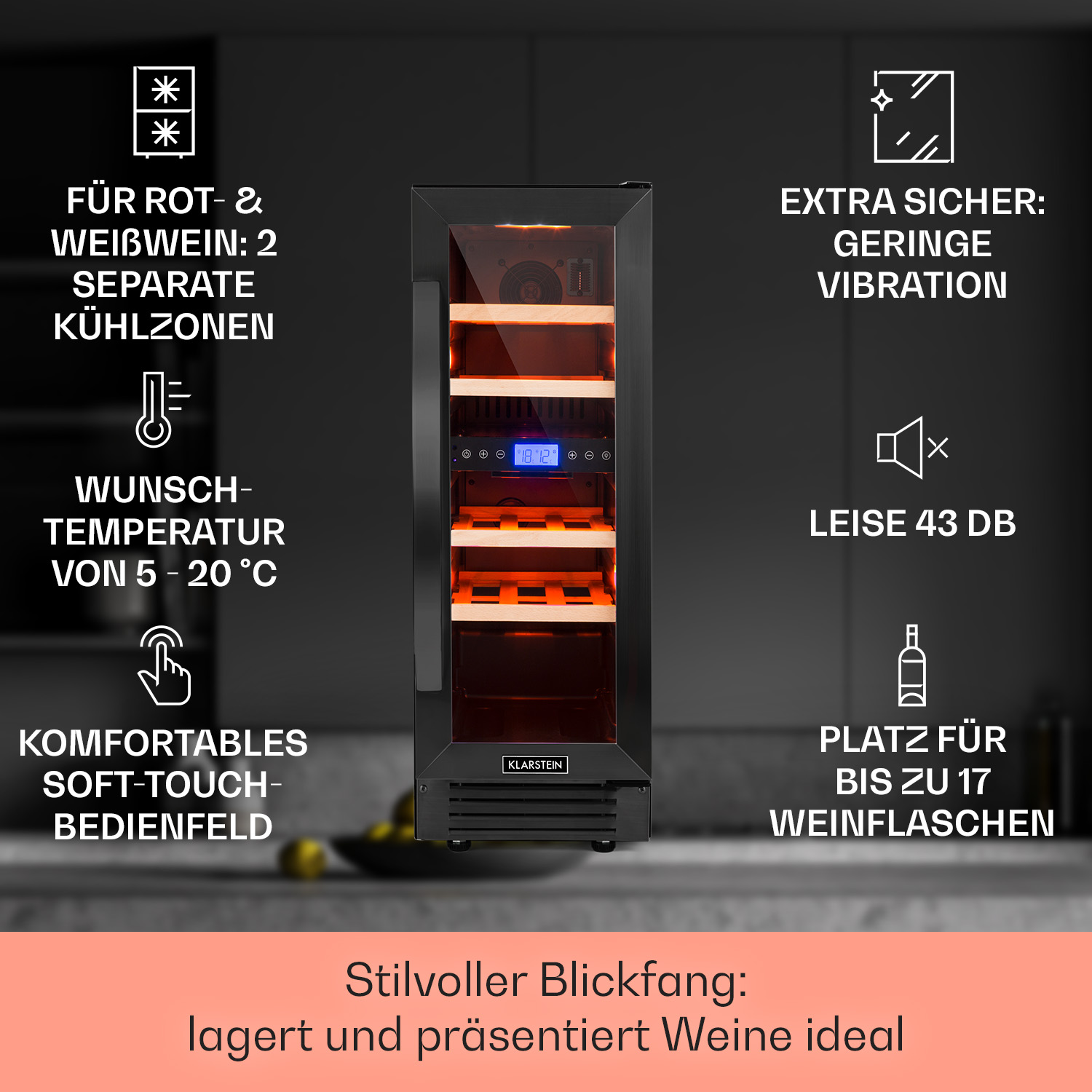 KLARSTEIN Vinovilla Schwarz) Onyx Built-in Duo G, (EEK 17 Edition Weinkühlschrank