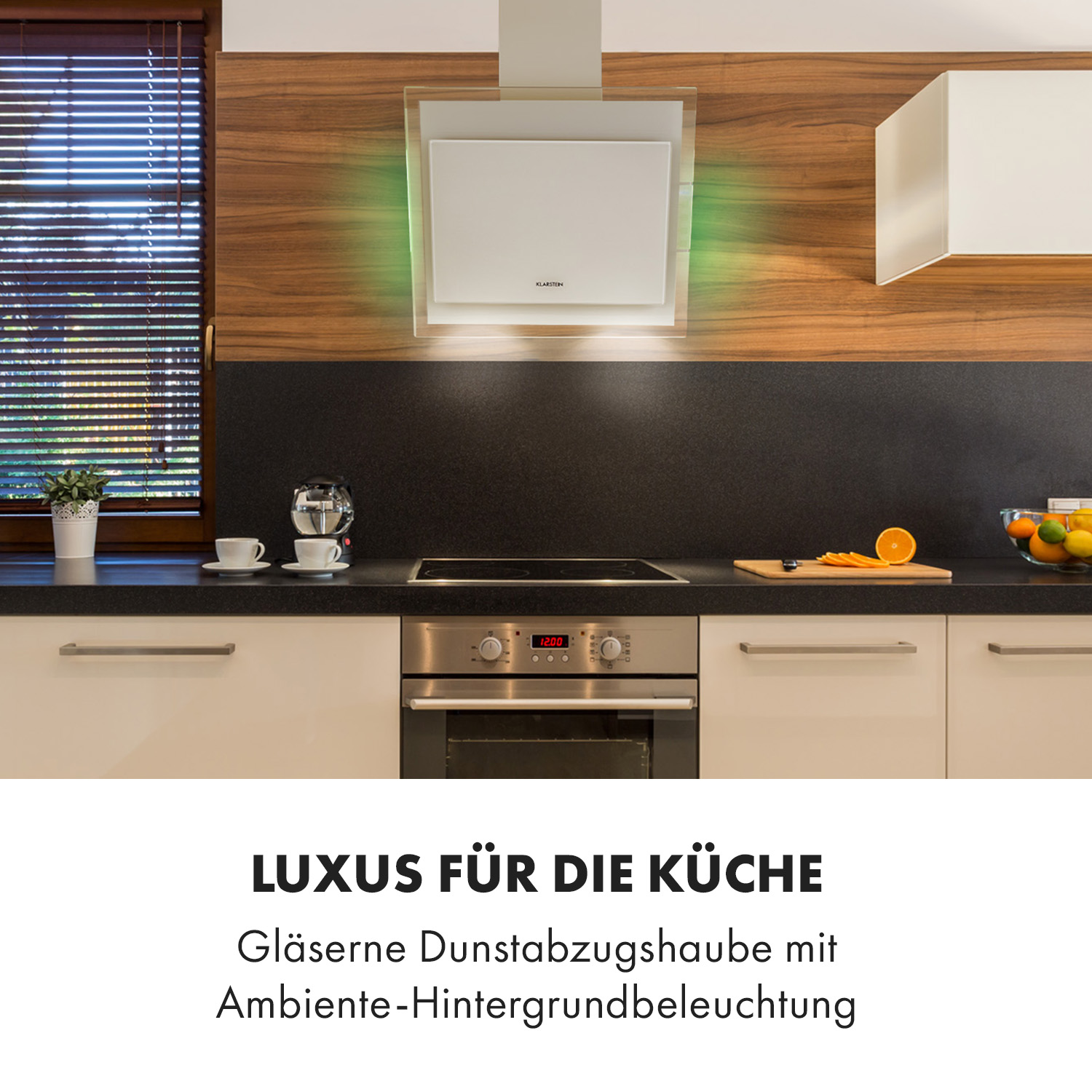 Campana extractora blanca en una cocina, con iluminación ambiental verde y texto.