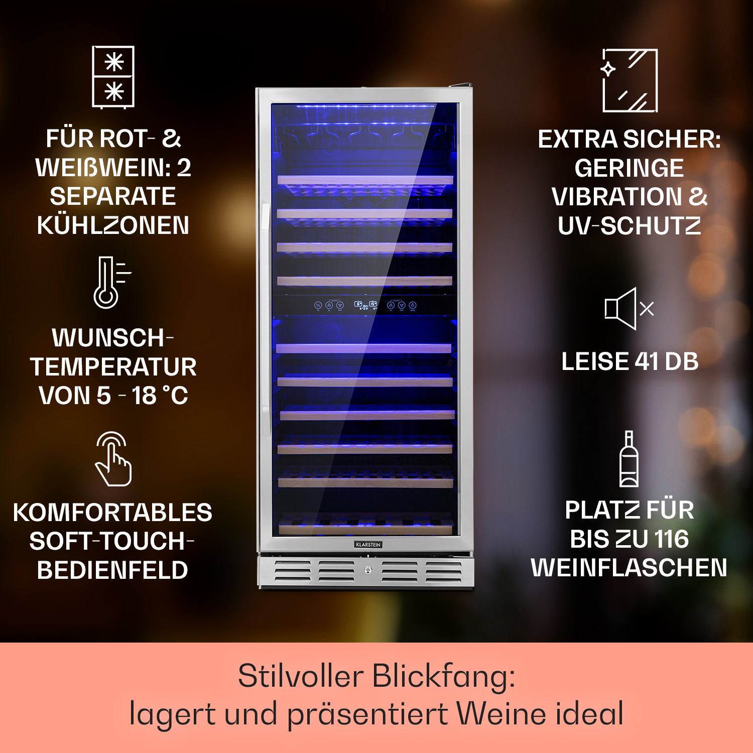 Una cantinetta con porta in vetro, che mostra le bottiglie di vino all'interno con luci blu.