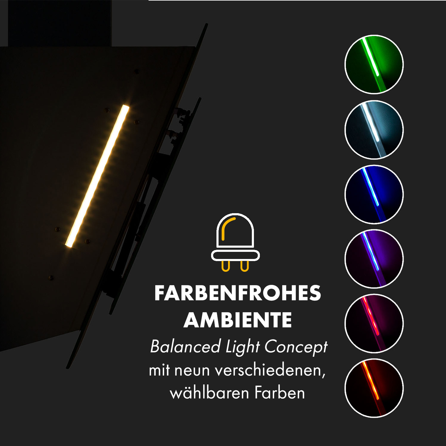 Imagen muestra tira de luz y opciones de color. Texto: Balanced Light Concept, con nueve colores seleccionables.