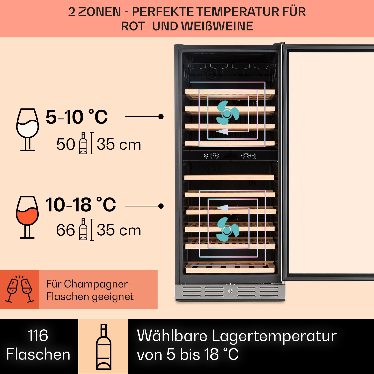 Una cantinetta con porta a vetri che mostra ripiani con bottiglie di vino. Il testo sulla porta indica la temperatura.