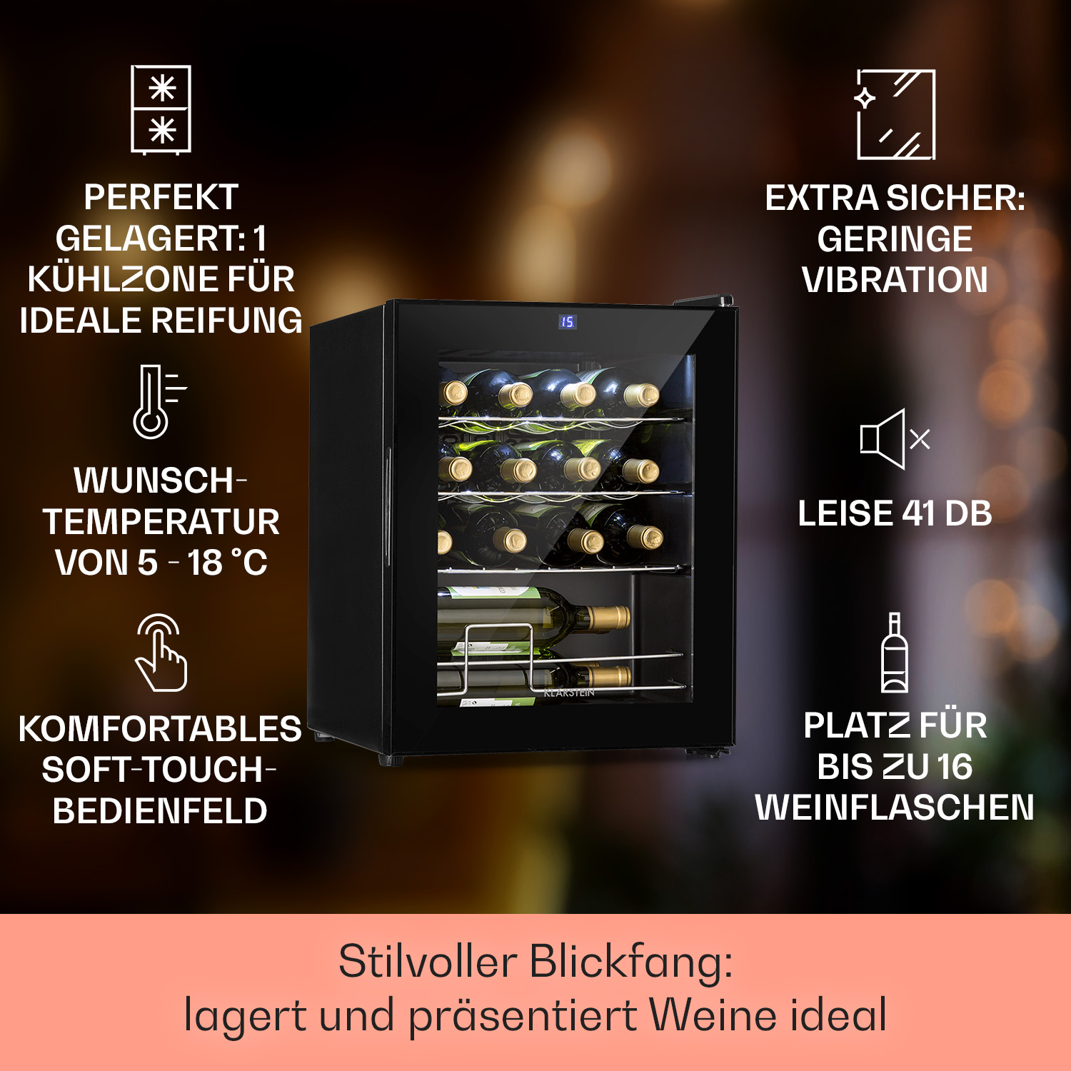 Un refrigeratore per vino nero con bottiglie all'interno. Il refrigeratore ha un display digitale ed etichette che indicano le caratteristiche.