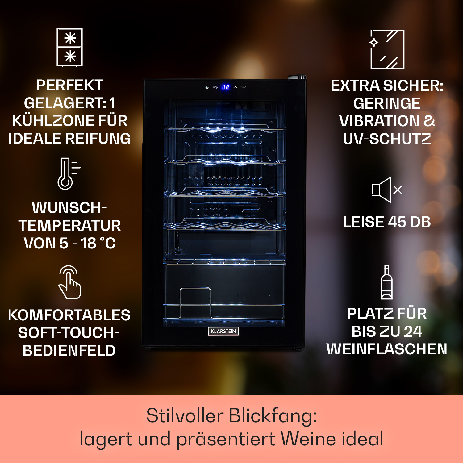 Refrigerador de vino negro con texto e iconos, mostrando botellas de vino.