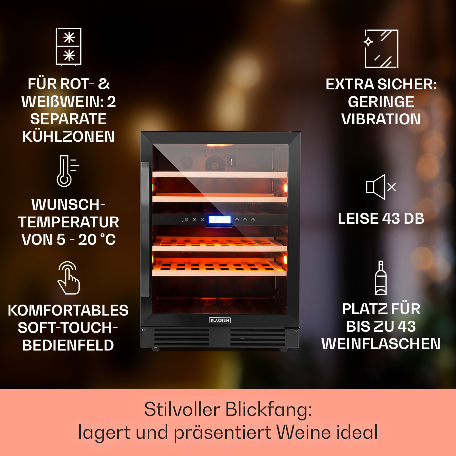 Frigorifero per vini nero con porta a vetro, bottiglie. Testi su funzioni e capacità.