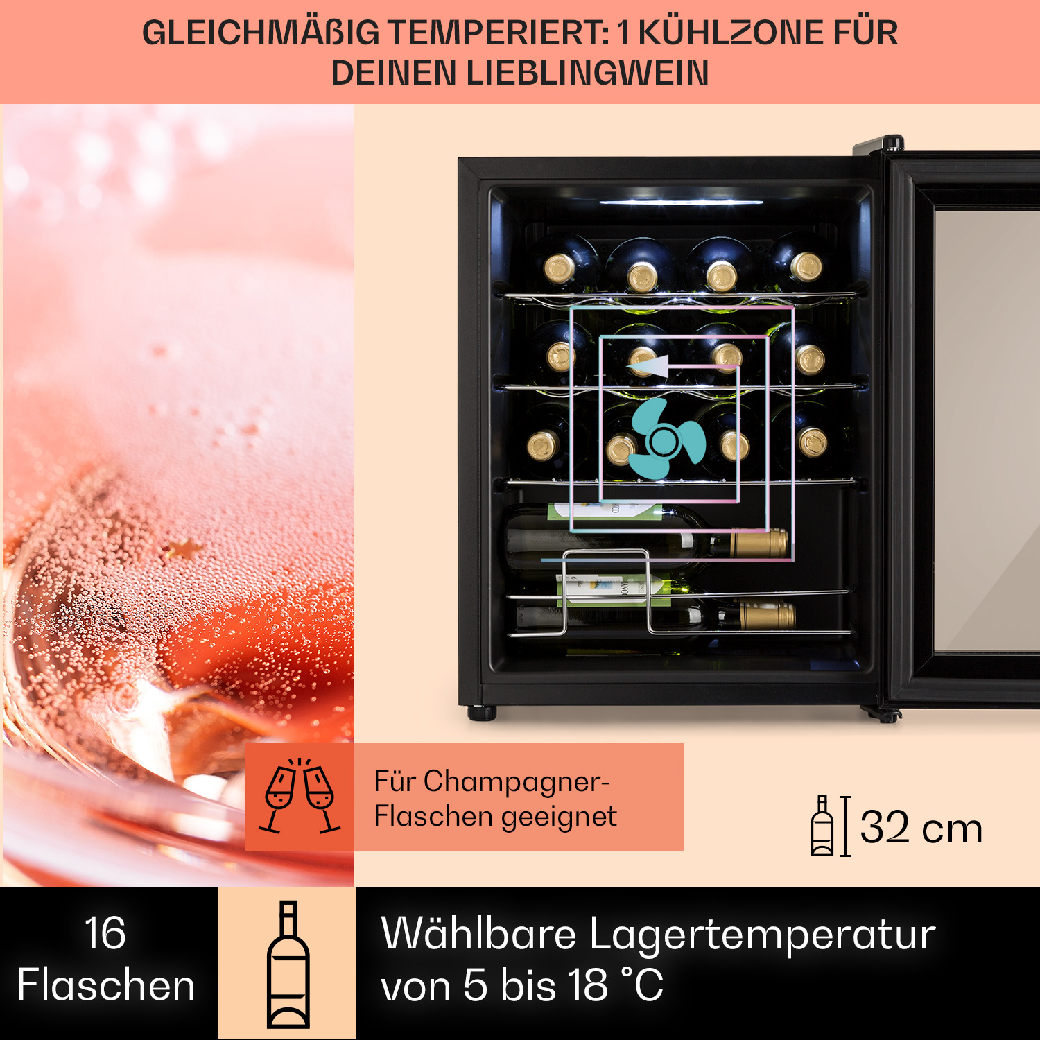 Cantinetta con bottiglie all'interno e calici di champagne, con testo sulla temperatura e capacità.