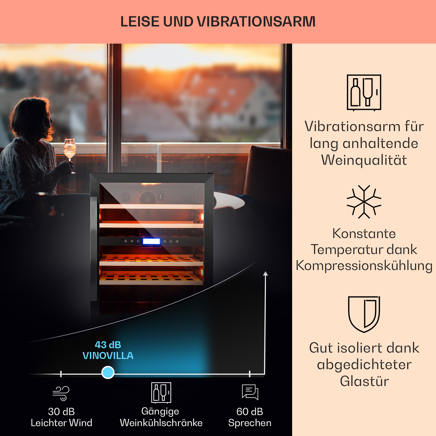 Una donna tiene un bicchiere di vino vicino a un refrigeratore di vino con icone informative e un grafico del livello di rumore.
