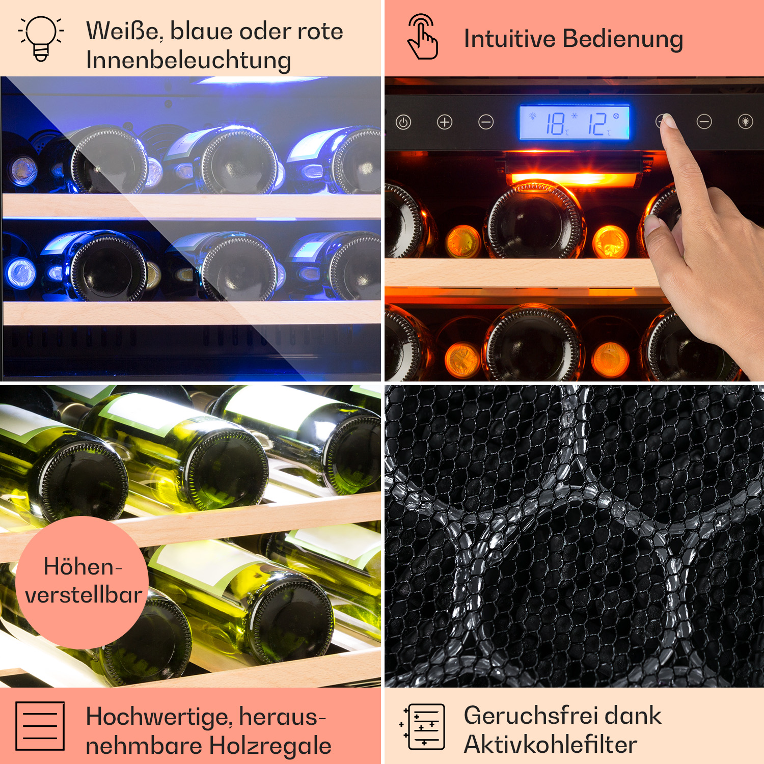 Un refrigeratore per vino con bottiglie all'interno. Il testo include caratteristiche come ripiani regolabili.