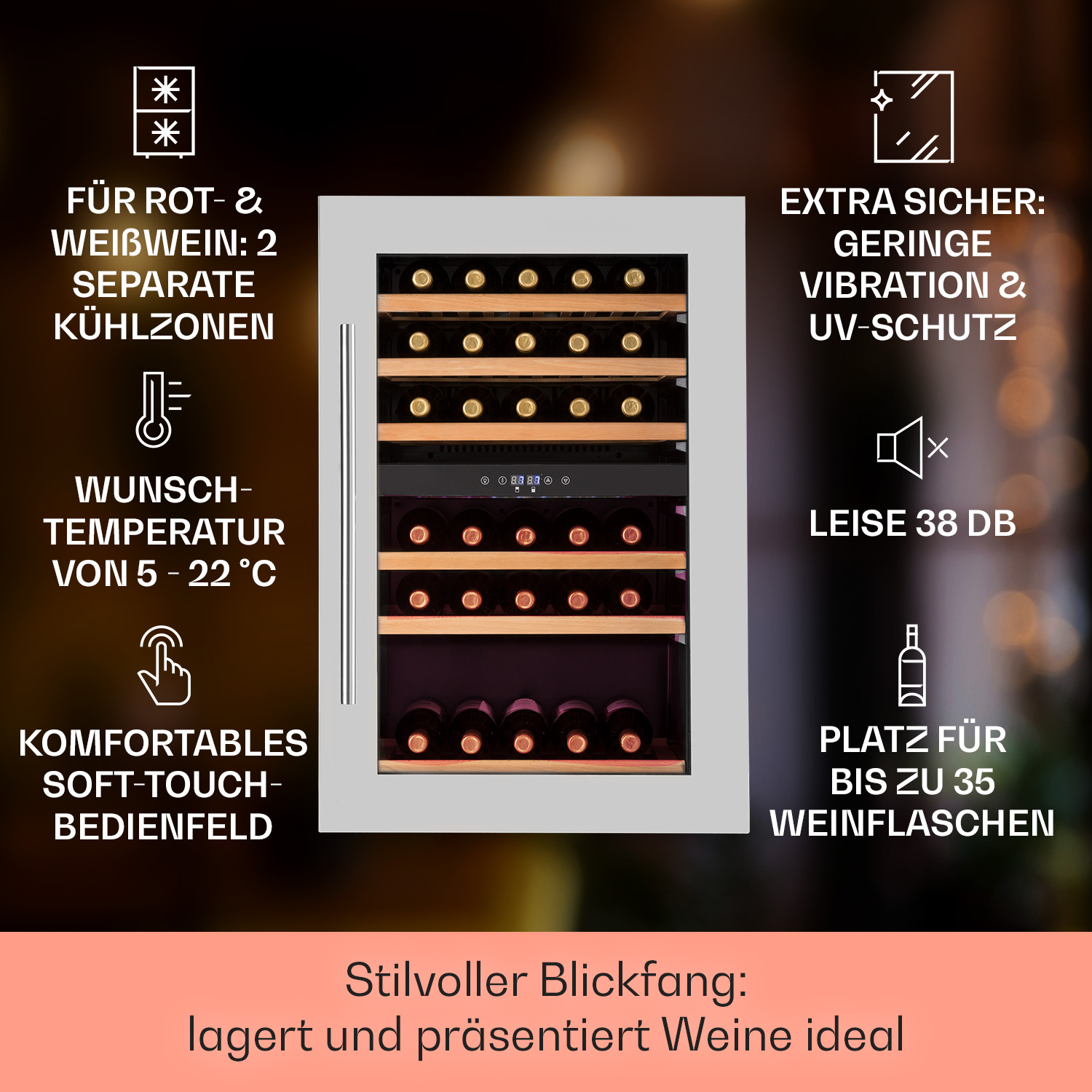 Cantinetta con bottiglie di vino. Testi su zone, temperatura e porta in vetro. Luci accese.