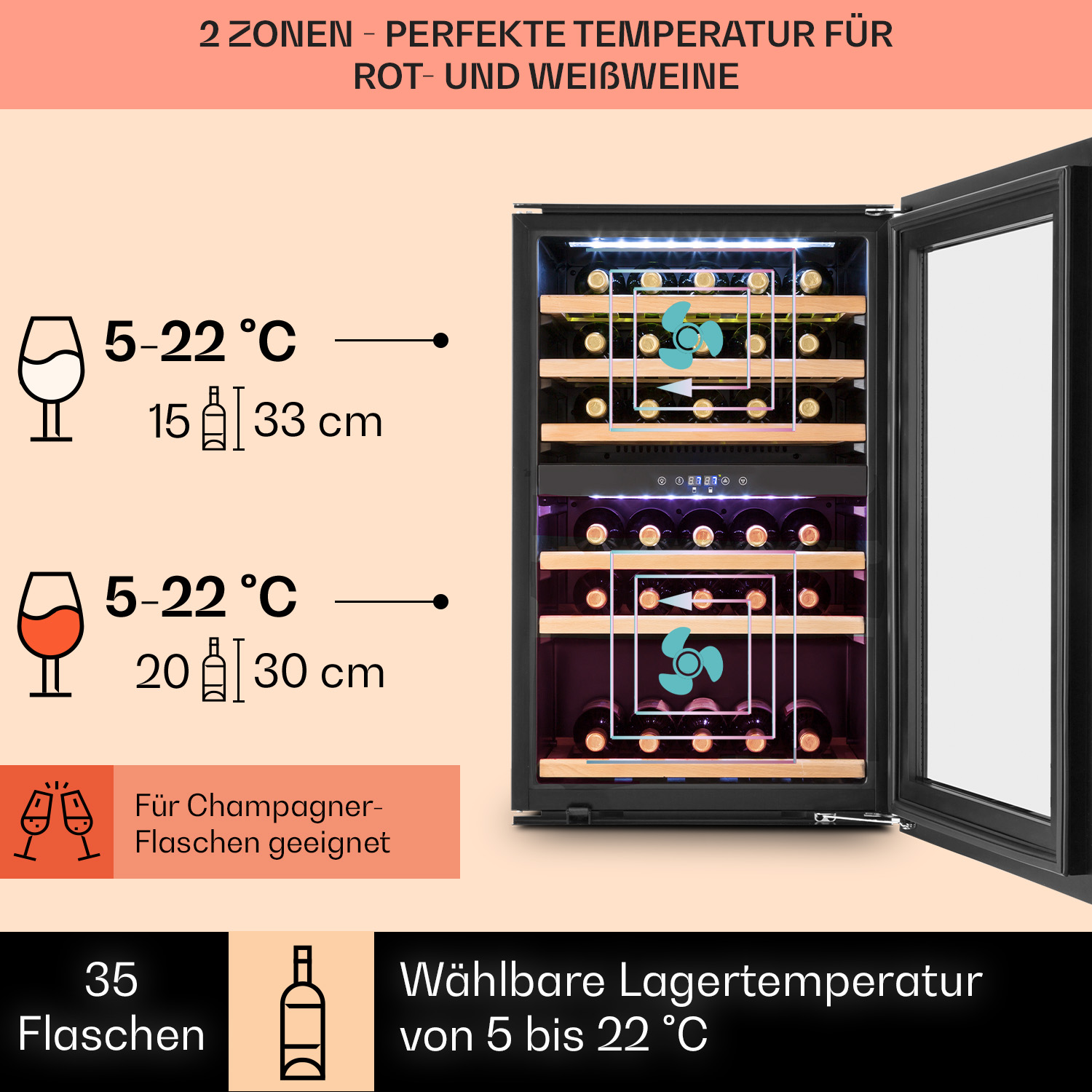 Una cantinetta con due zone, che mostra bottiglie di vino. La porta è aperta.