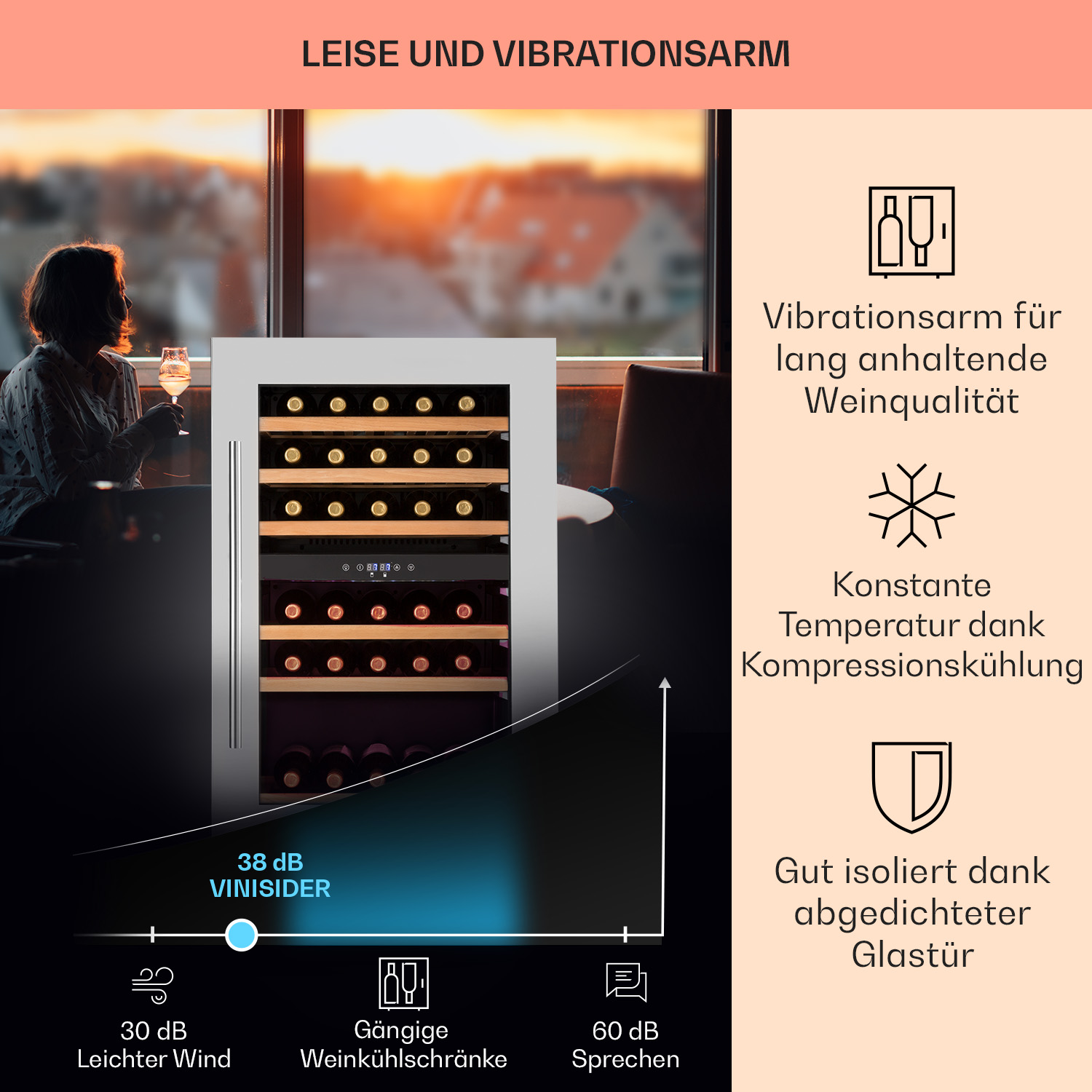 Frigorifero per vino con bottiglie. Donna con bicchiere di vino sullo sfondo. Testo: 'LEISE UND VIBRATIONSARM'.